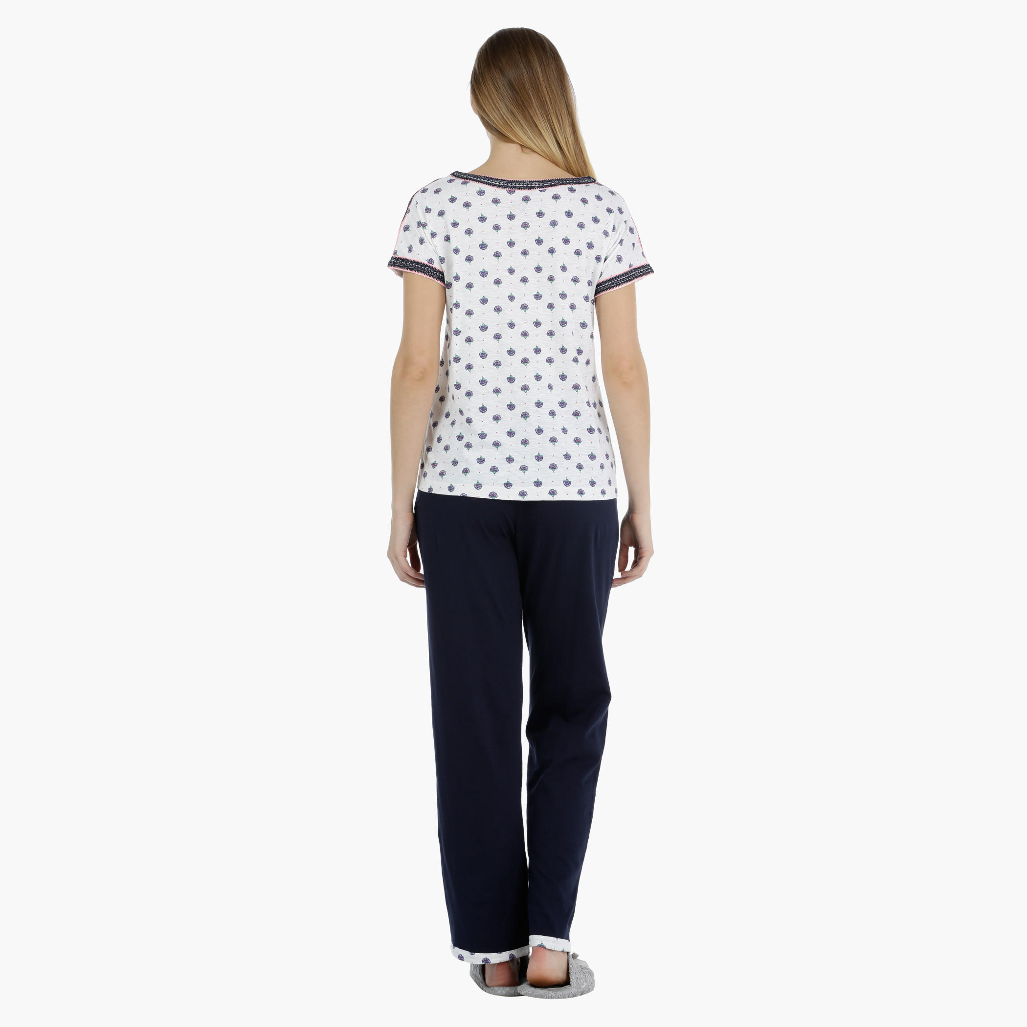 Printed Top and Solid Full-length Bottom Pajama Set-women-clothing-nightwear-pyjamas-longsets-image-2