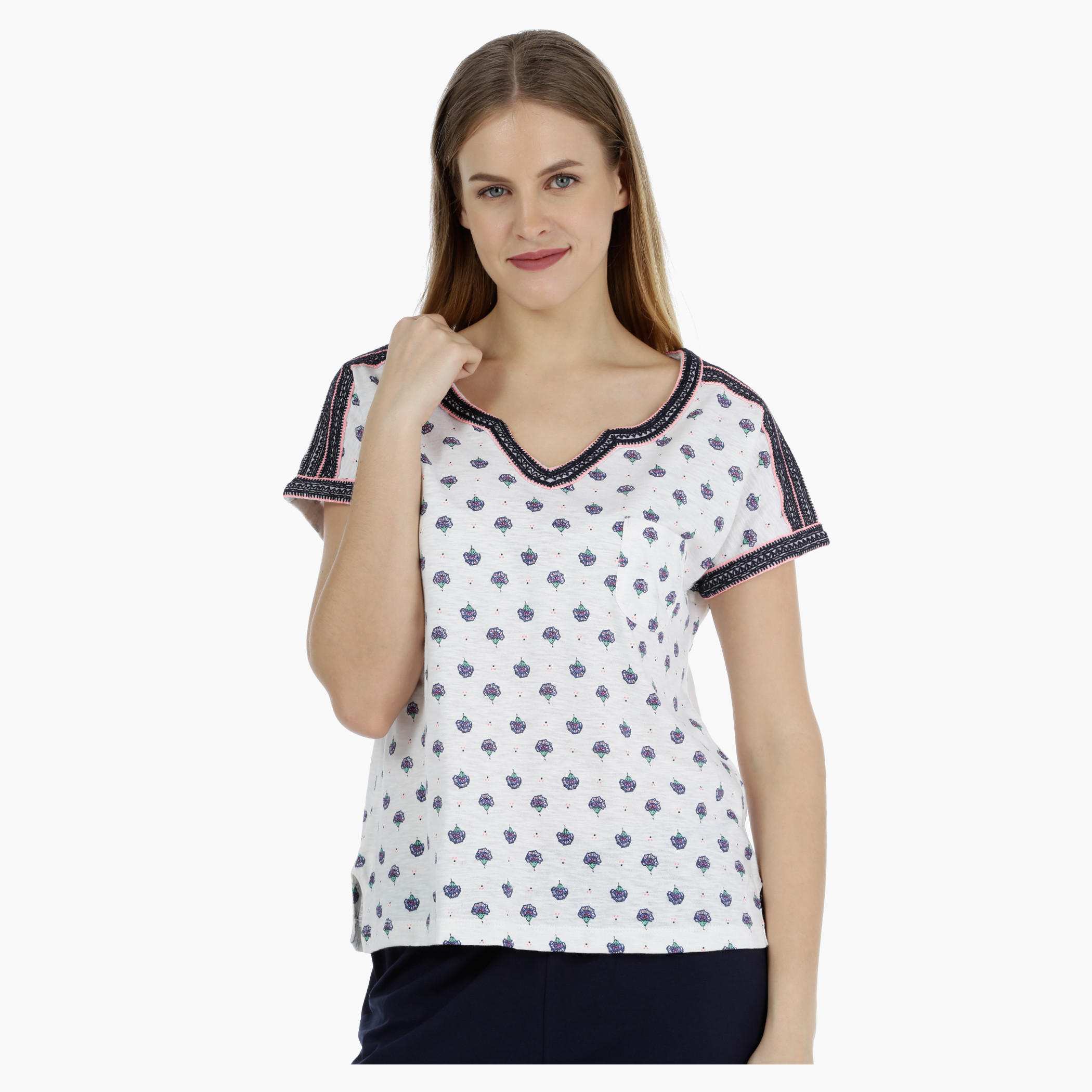 Printed Top and Solid Full-length Bottom Pajama Set-women-clothing-nightwear-pyjamas-longsets-image-4