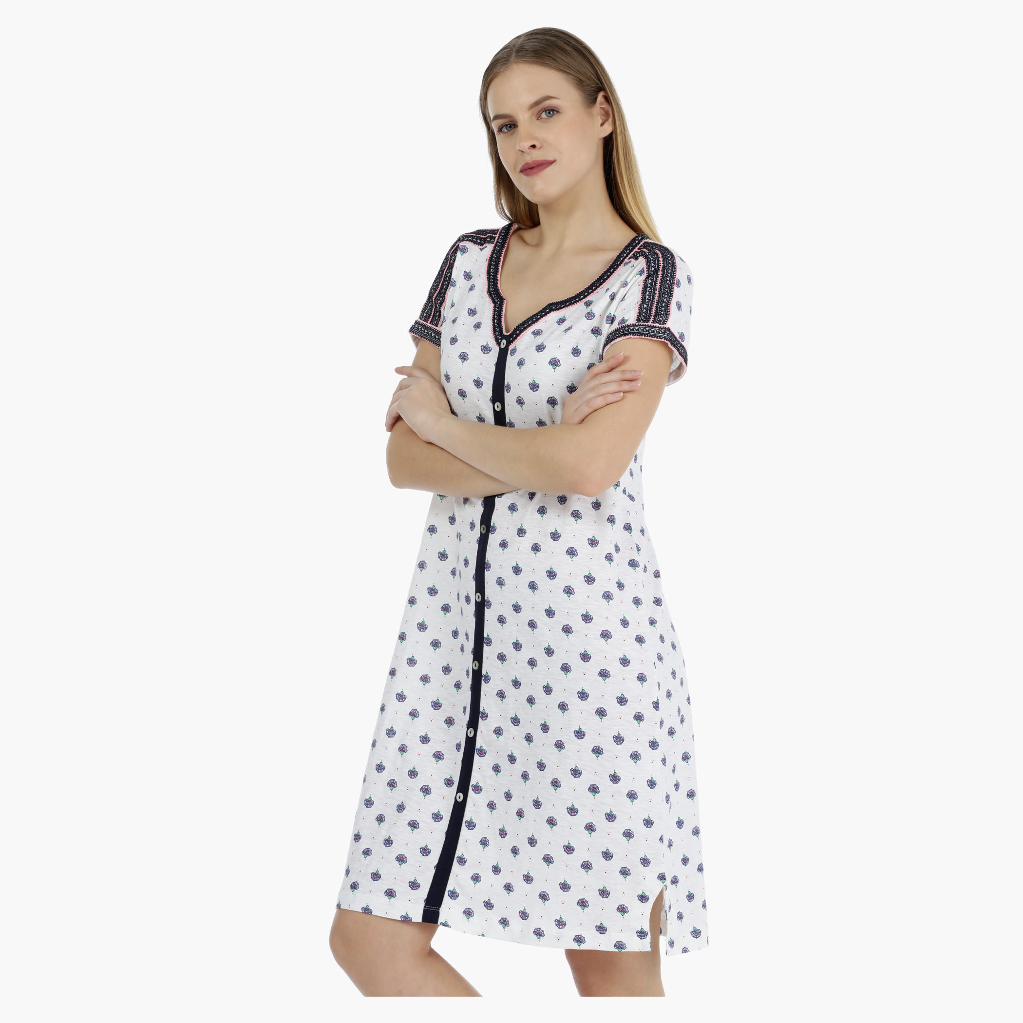 Floral Print Buttoned Down Short Dress-women-clothing-nightwear-nighties-image-3