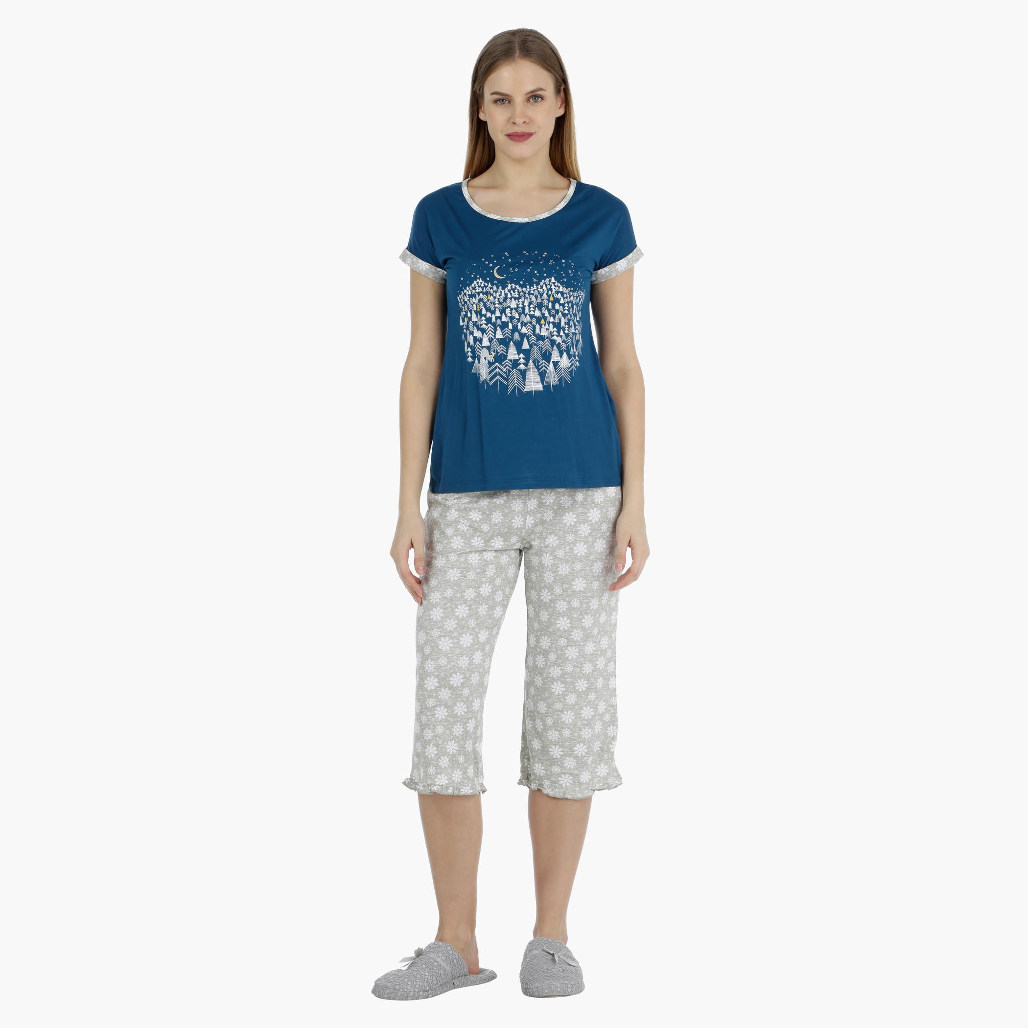 Printed Top and Solid Full-length Bottom Capri Set-women-clothing-nightwear-pyjamas-longsets-image-1