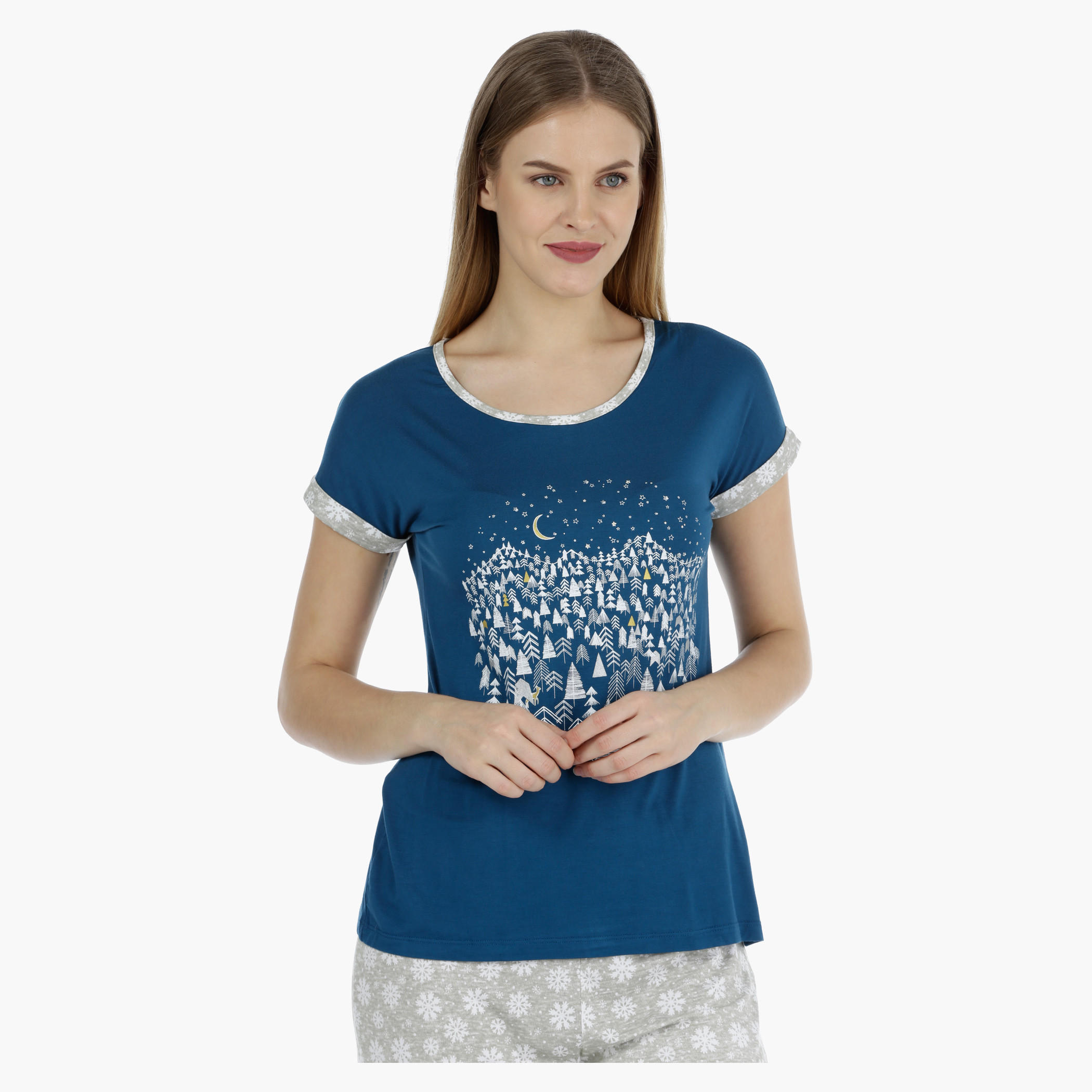 Printed Top and Solid Full-length Bottom Capri Set-women-clothing-nightwear-pyjamas-longsets-image-4