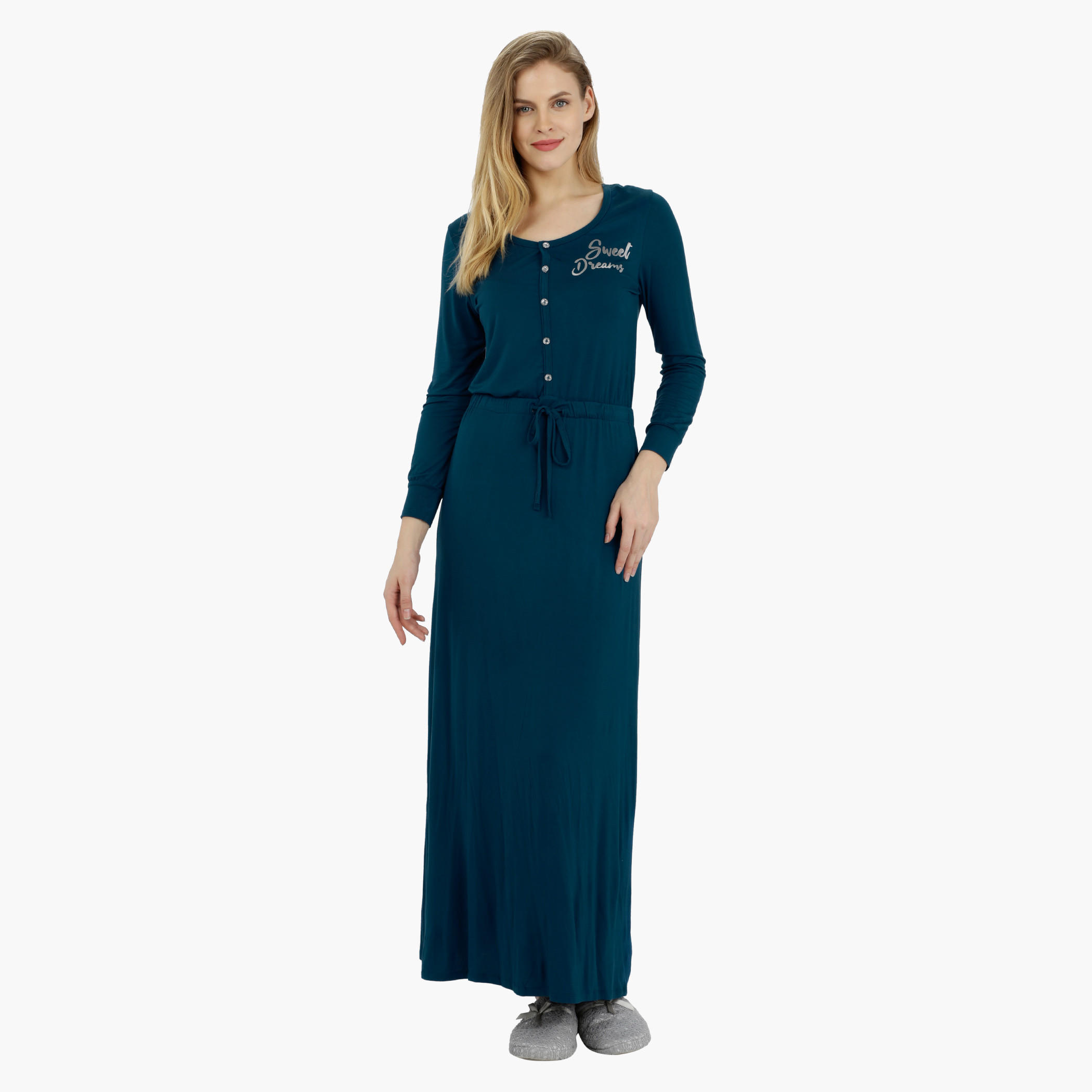 Long Sleeves Maxi Dress with Drawstring-women-clothing-nightwear-nighties-image-1