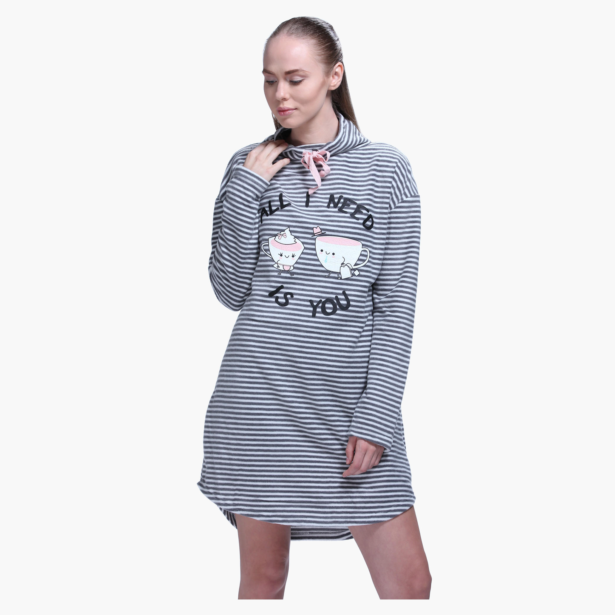 Printed High Neck Long Sleeves Dress-women-clothing-nightwear-nighties-image-1