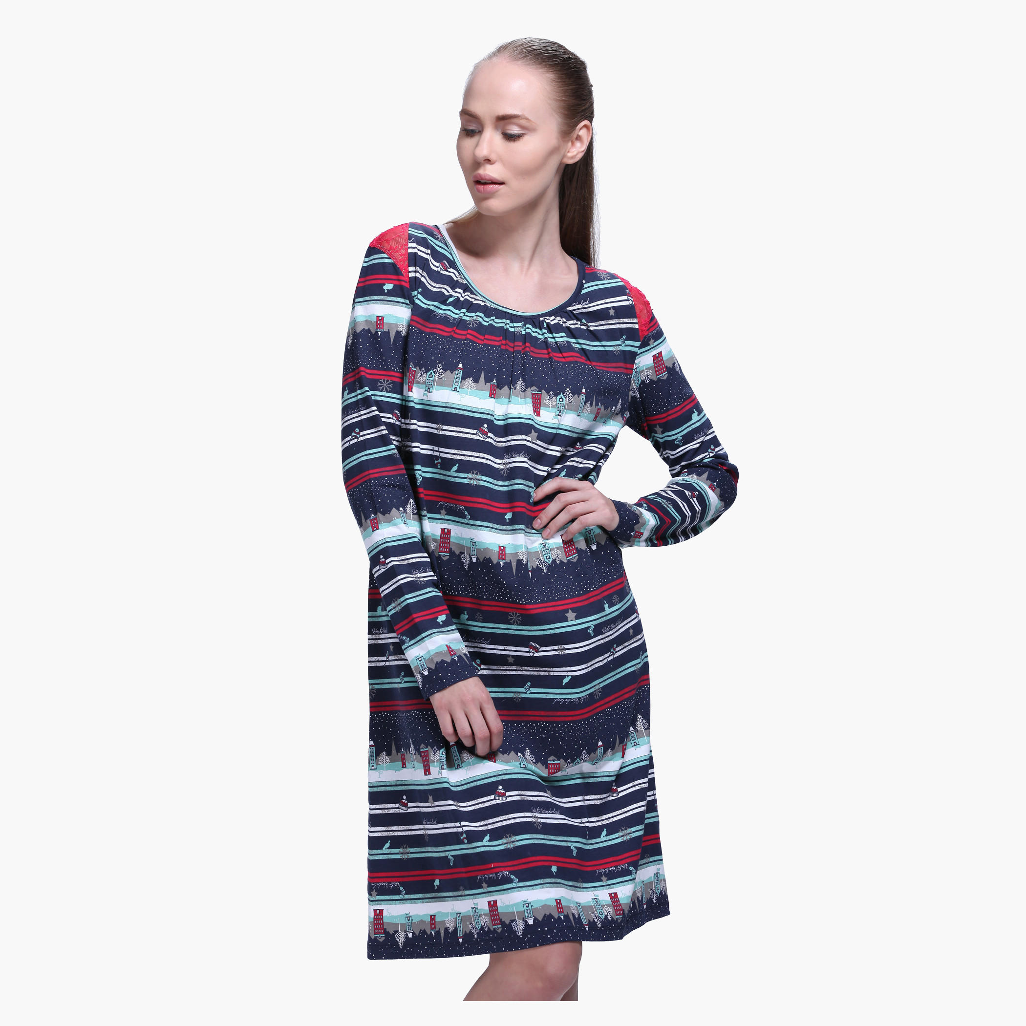 Printed Long Sleeves Midi Dress-women-clothing-nightwear-nighties-image-1