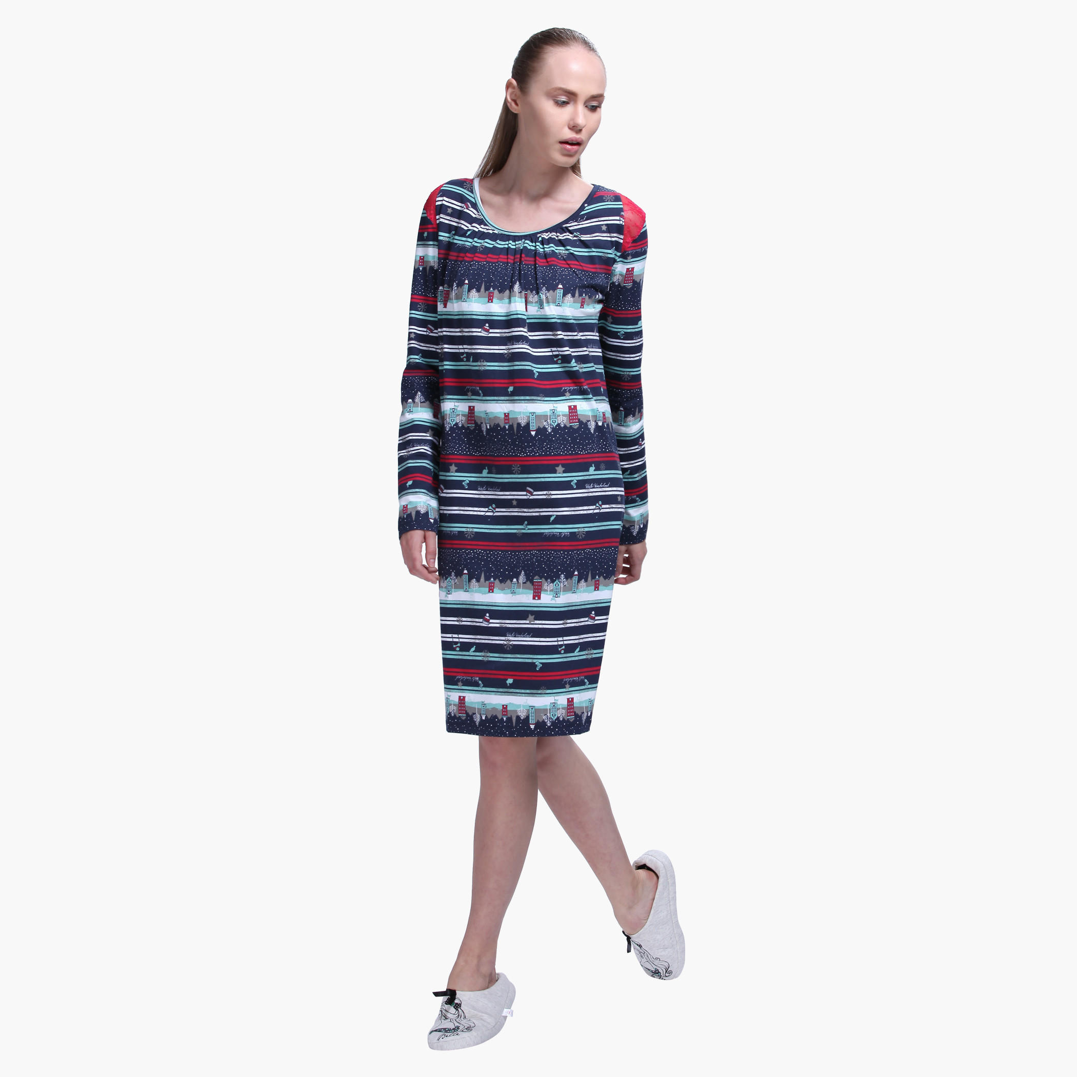 Printed Long Sleeves Midi Dress-women-clothing-nightwear-nighties-image-1