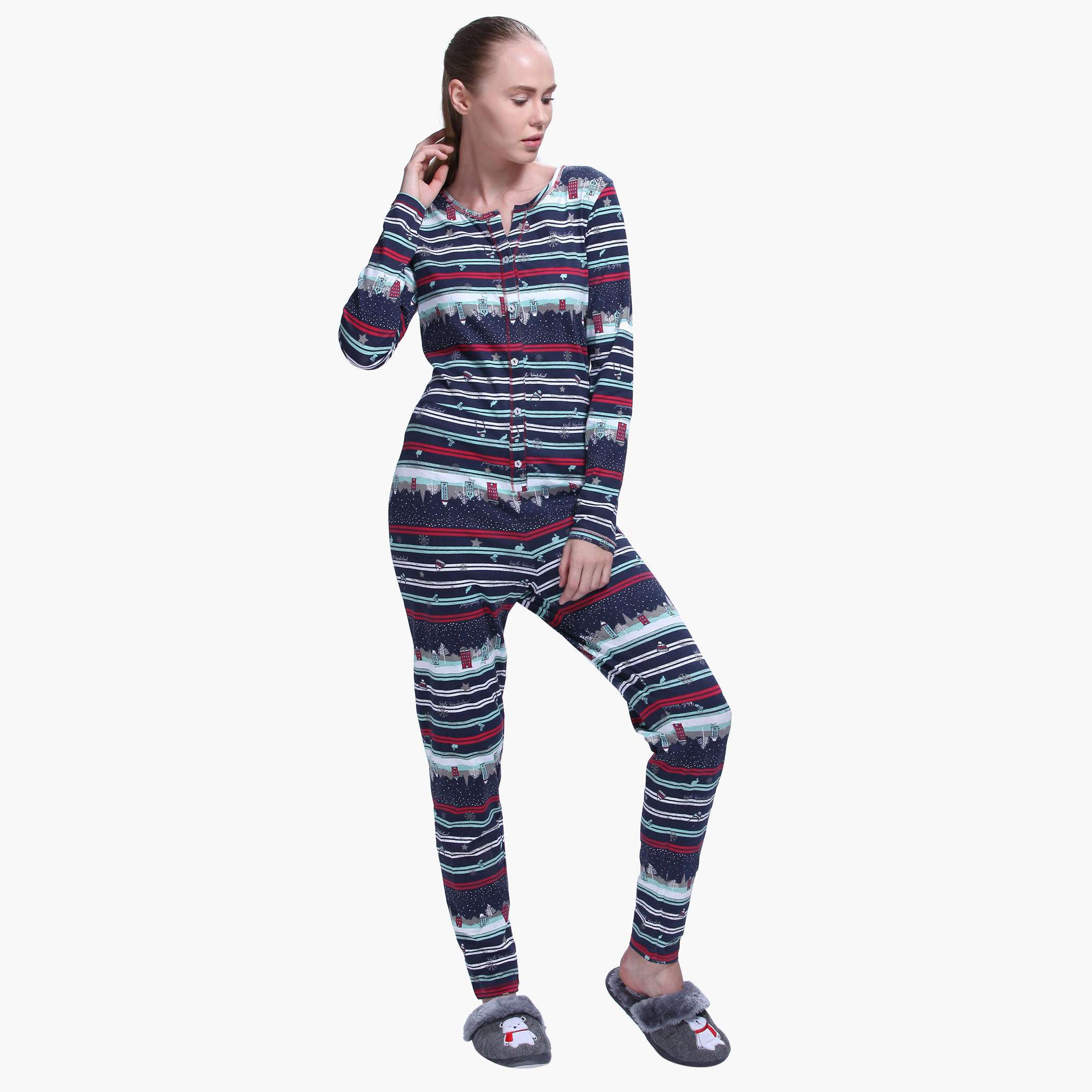 Printed Long Sleeves Jumpsuit-women-clothing-nightwear-nighties-image-1