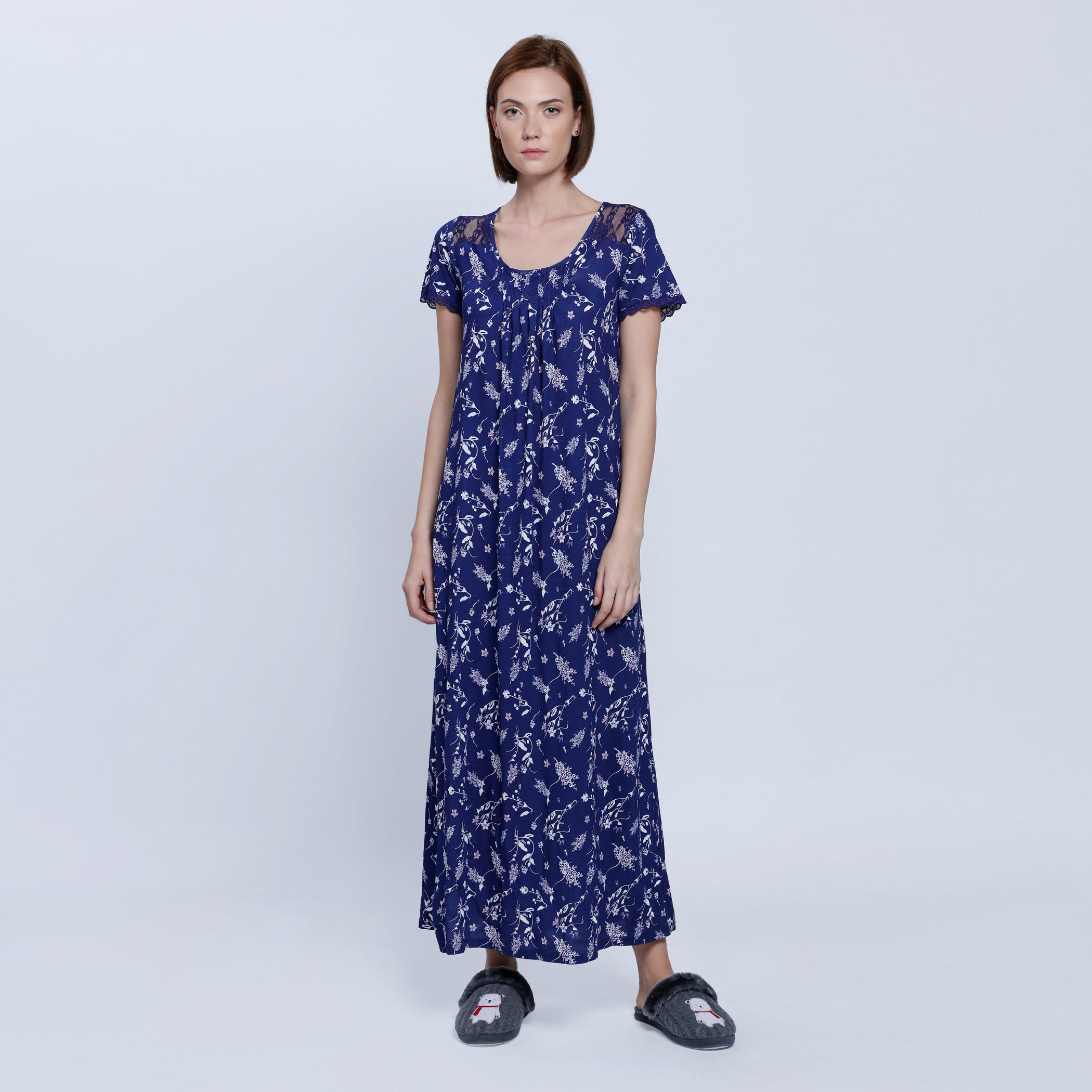 Printed Long Dress with Round Neck and Short Sleeves -women-clothing-nightwear-nighties-image-1