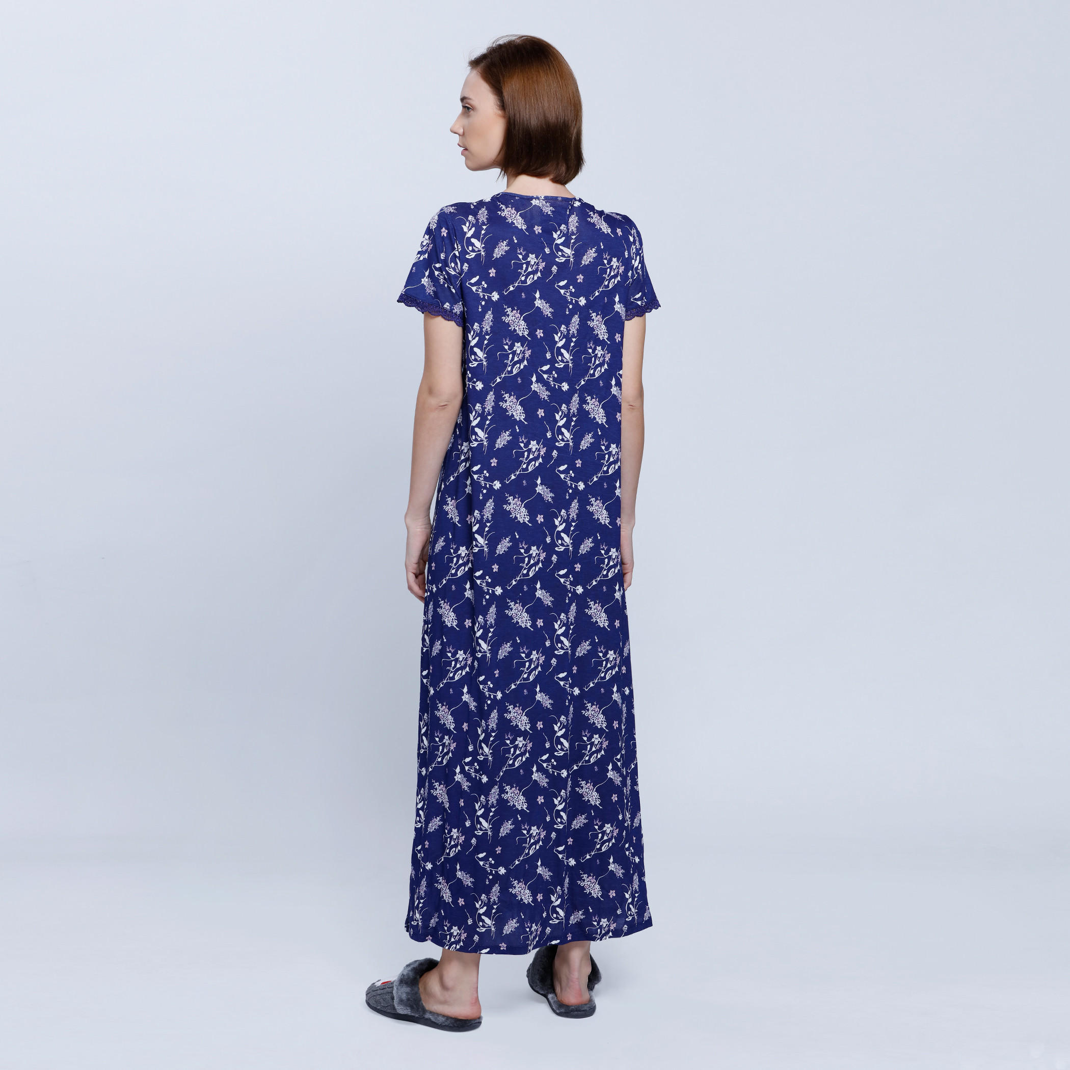 Printed Long Dress with Round Neck and Short Sleeves -women-clothing-nightwear-nighties-image-2