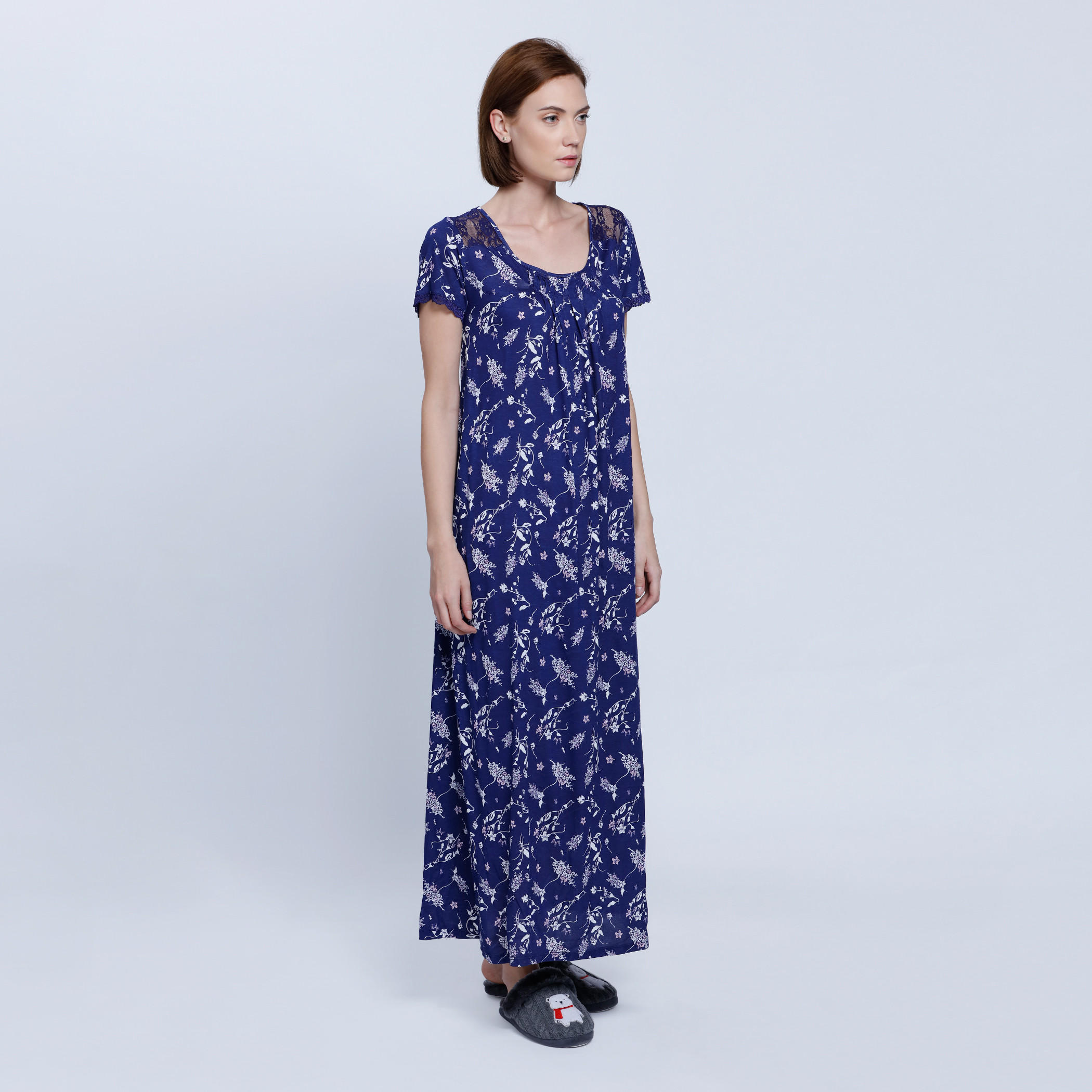 Printed Long Dress with Round Neck and Short Sleeves -women-clothing-nightwear-nighties-image-3