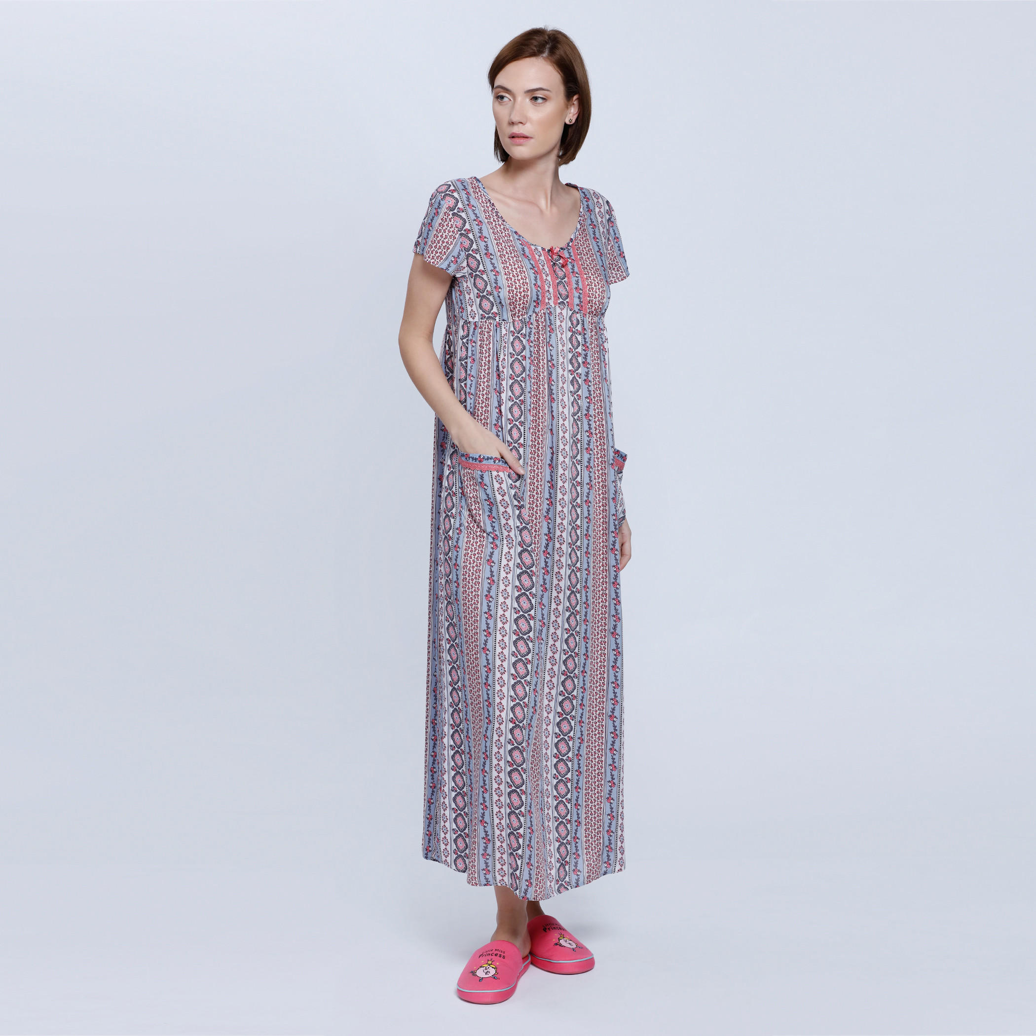 Printed Long Dress with Round Neck and Short Sleeves-women-clothing-nightwear-nighties-image-1