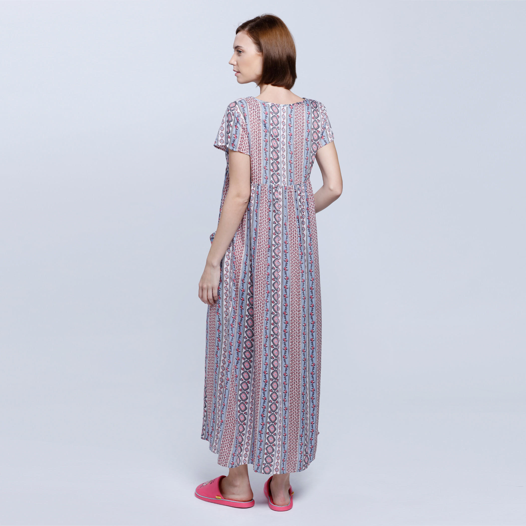 Printed Long Dress with Round Neck and Short Sleeves-women-clothing-nightwear-nighties-image-2