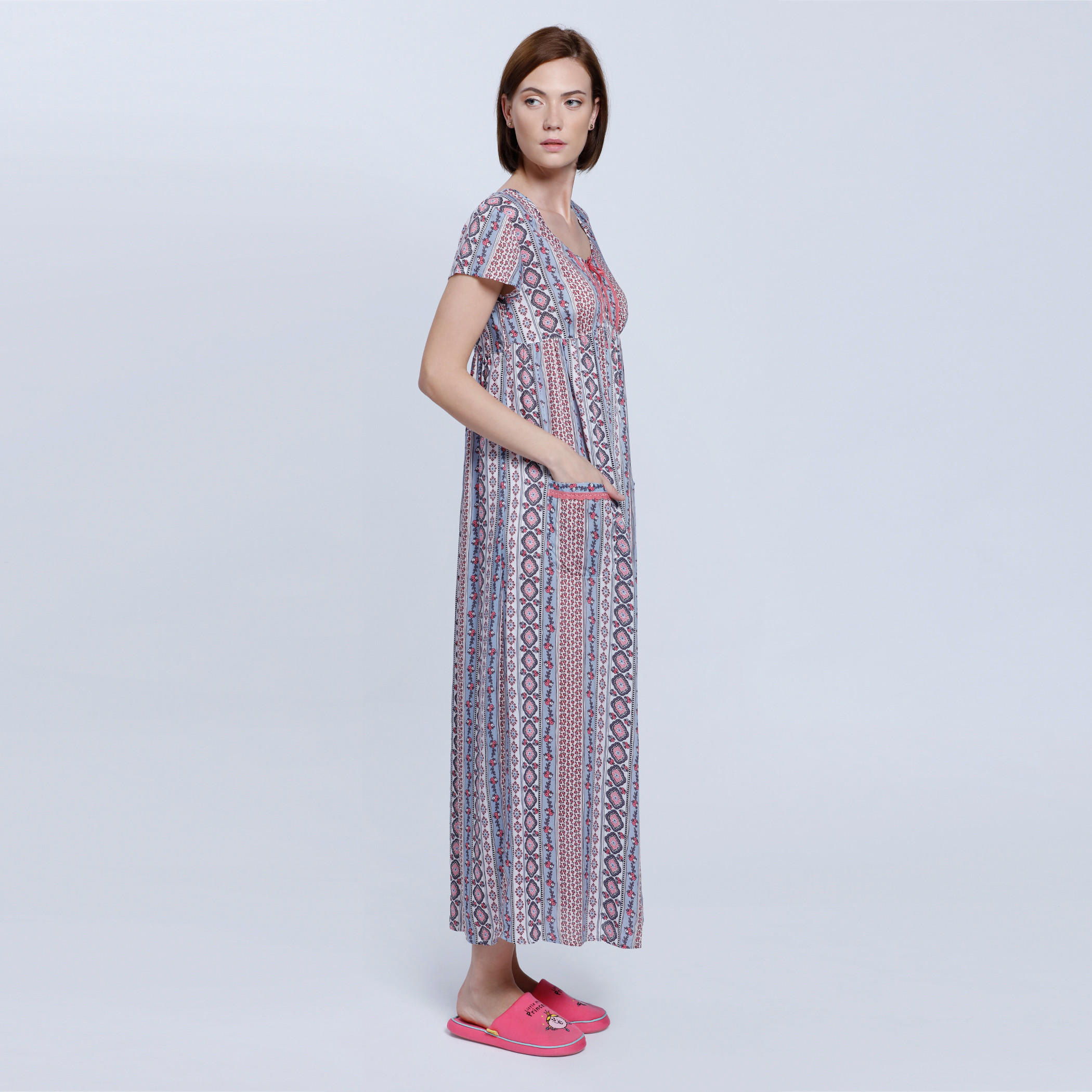 Printed Long Dress with Round Neck and Short Sleeves-women-clothing-nightwear-nighties-image-3