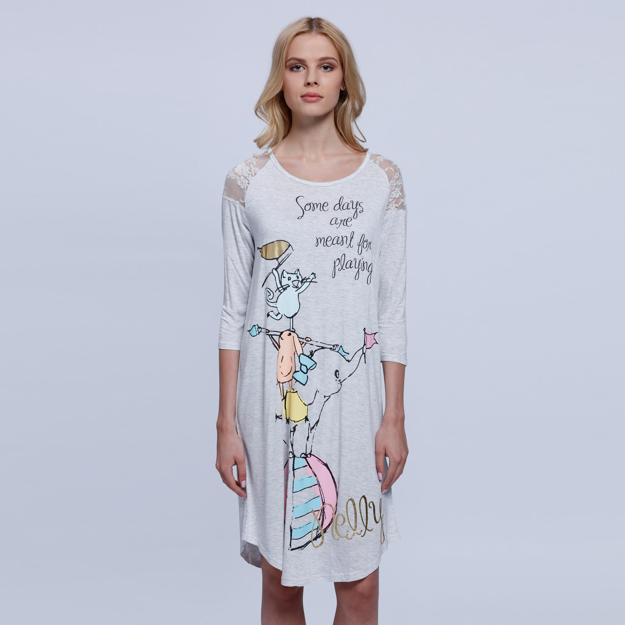 Printed Dress with Round Neck and 3/4 Sleeves-women-clothing-nightwear-nighties-image-1