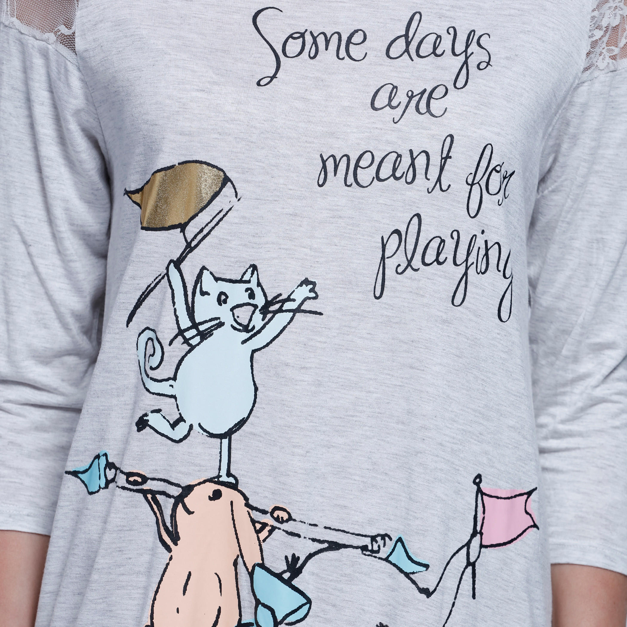 Printed Dress with Round Neck and 3/4 Sleeves-women-clothing-nightwear-nighties-image-4