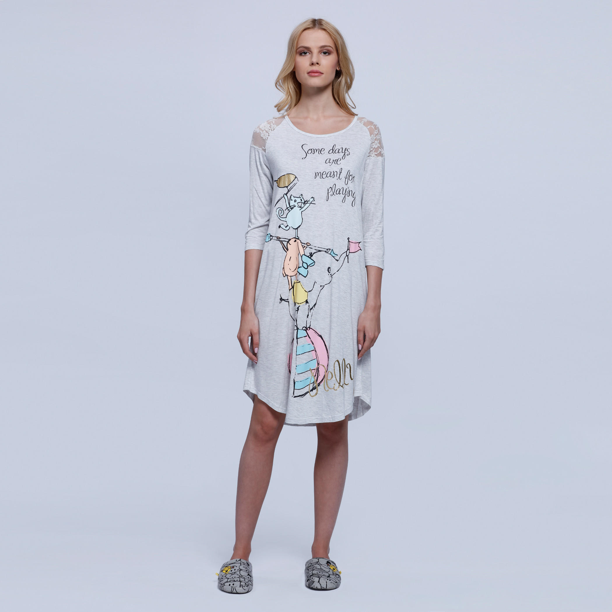 Printed Dress with Round Neck and 3/4 Sleeves-women-clothing-nightwear-nighties-image-5