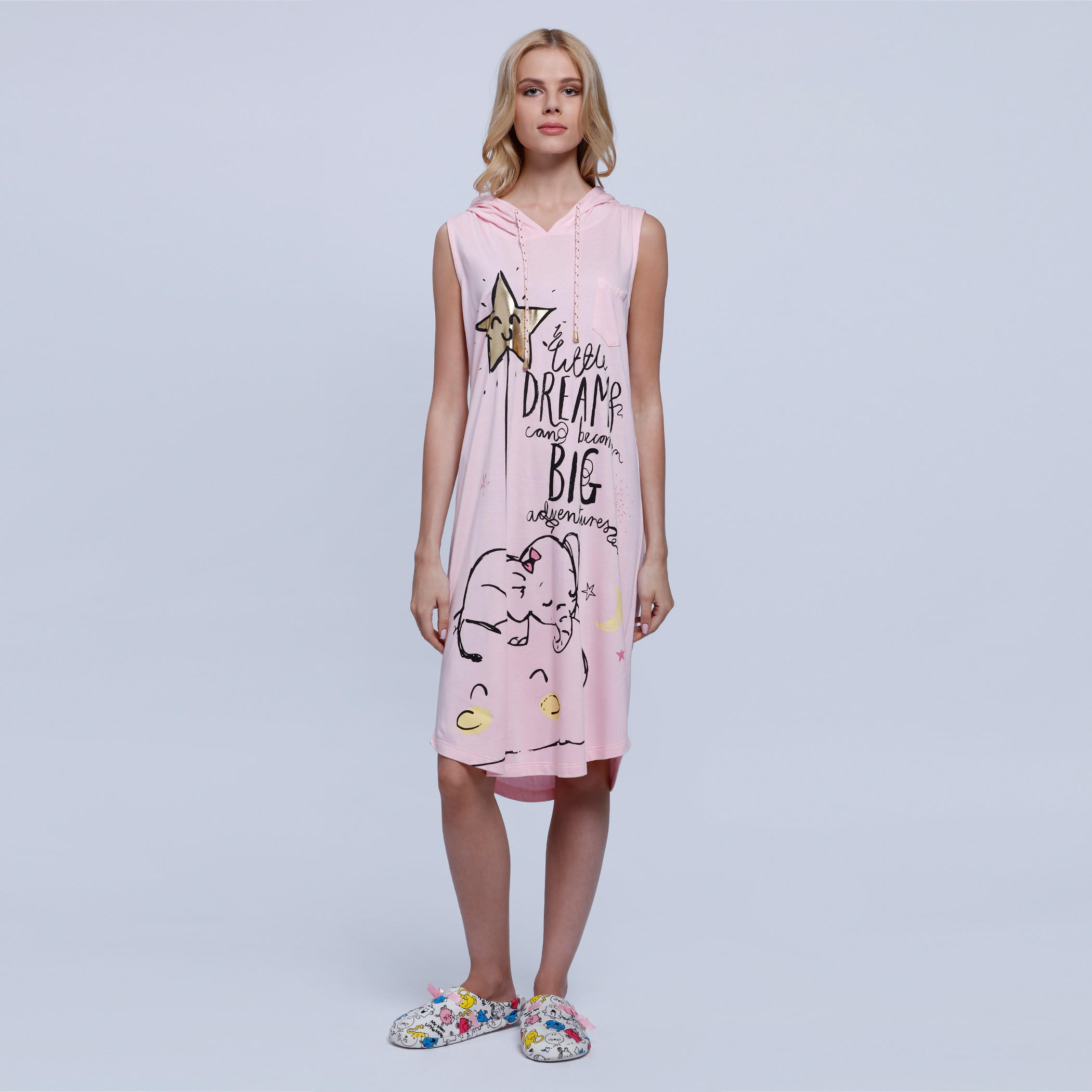 Printed Sleeveless Dress with Hood and Pocket Detail-women-clothing-nightwear-nighties-image-1
