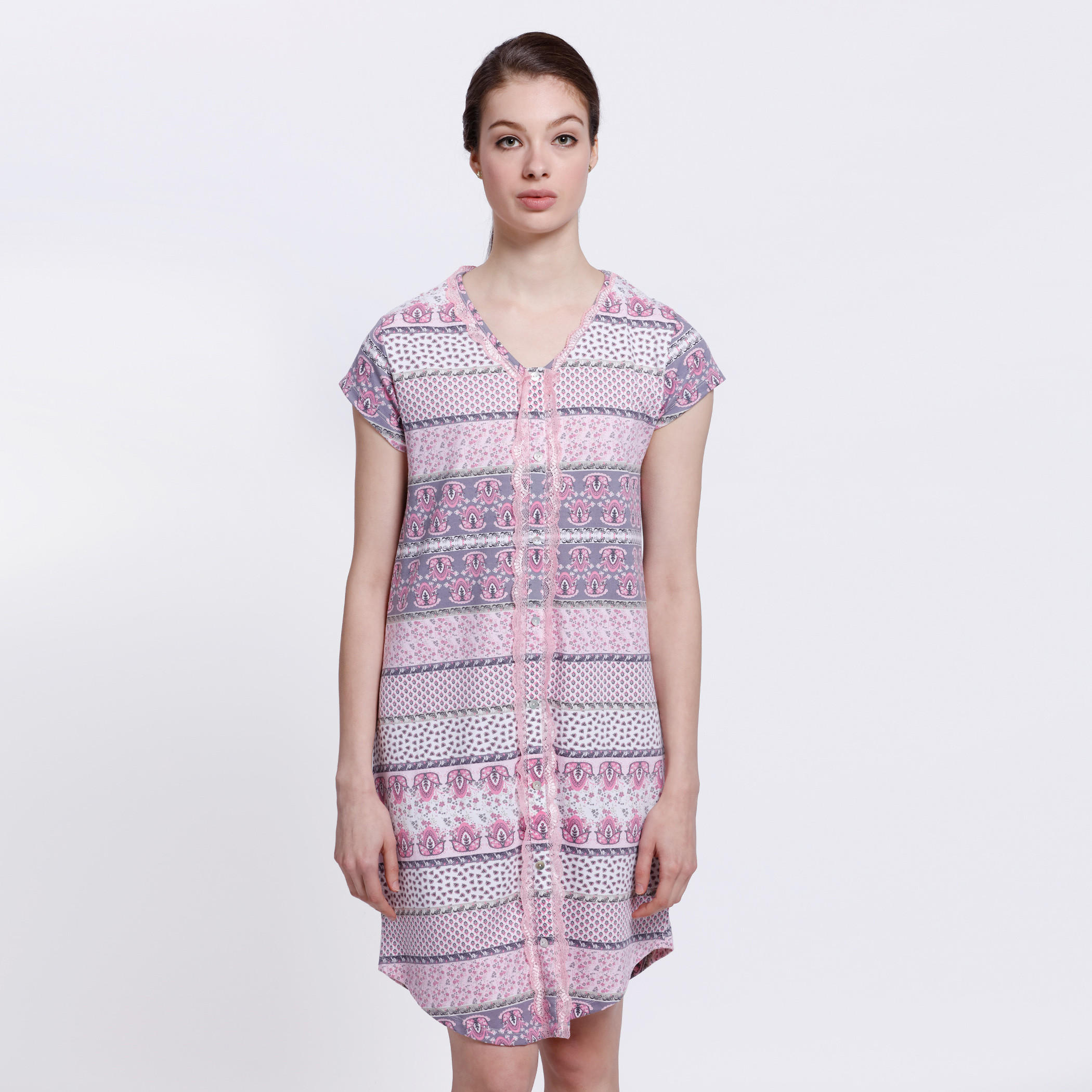 All Over Print Dress with Short Sleeves-women-clothing-nightwear-nighties-image-1