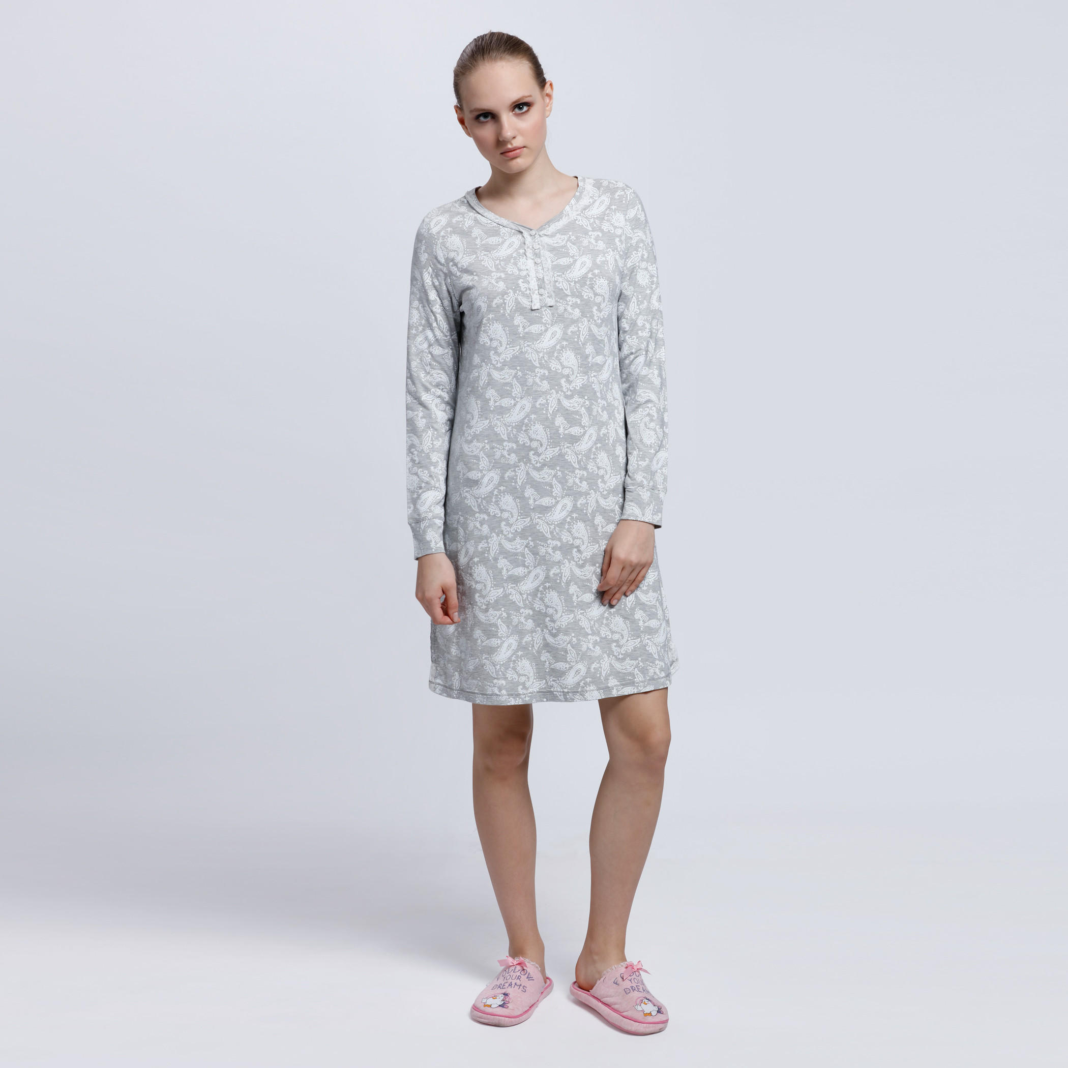 Printed Midi Dress with Round Neck and Short Sleeves-women-clothing-nightwear-nighties-image-1