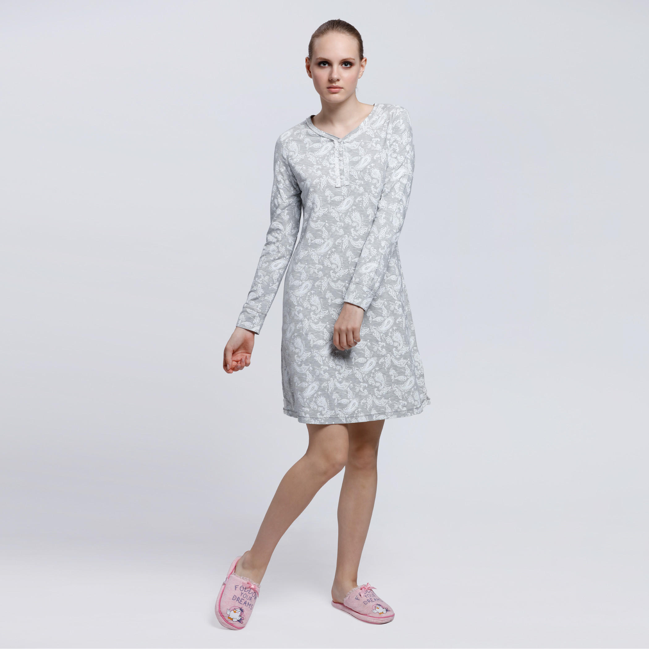 Printed Midi Dress with Round Neck and Short Sleeves-women-clothing-nightwear-nighties-image-5