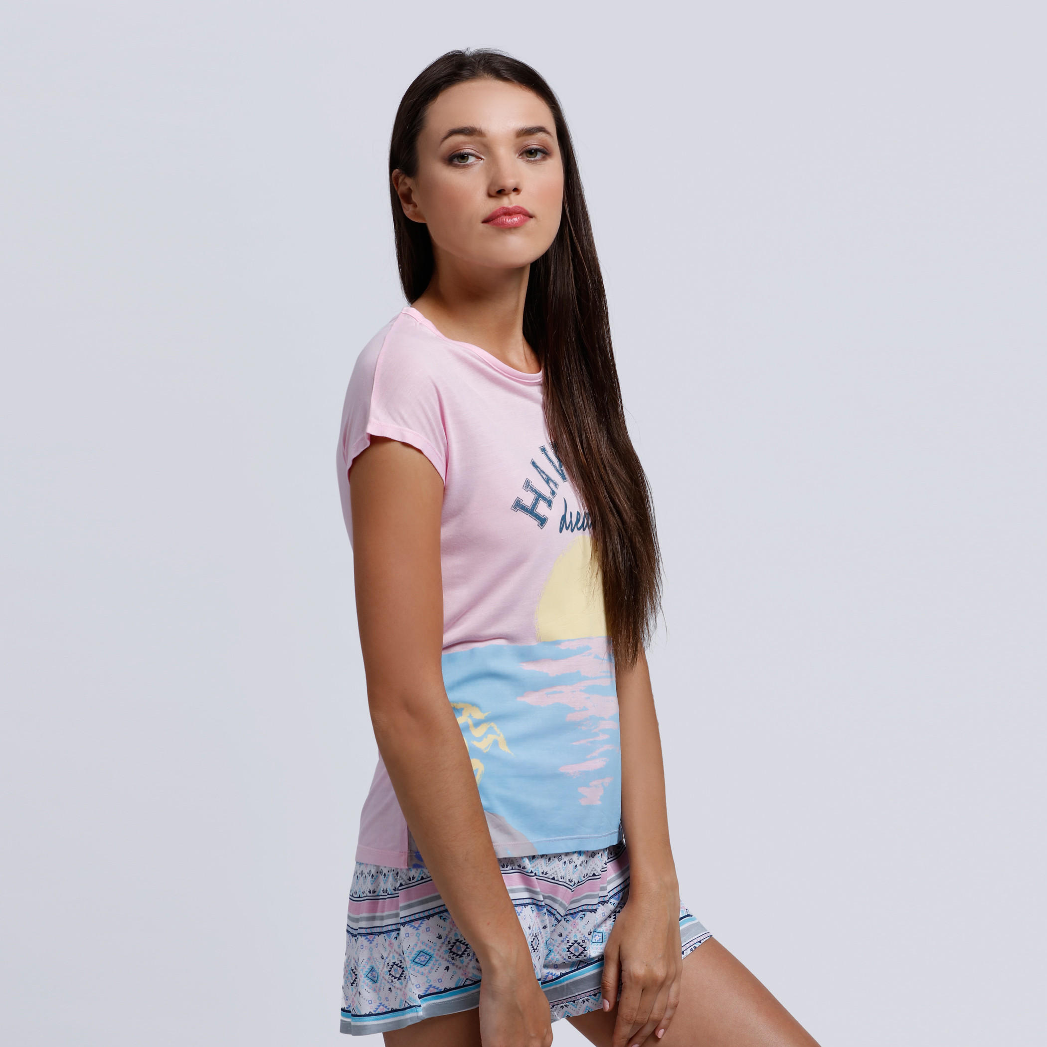 Printed Round Neck T-Shirt with Shorts Set-women-clothing-nightwear-pyjamas-longsets-image-3