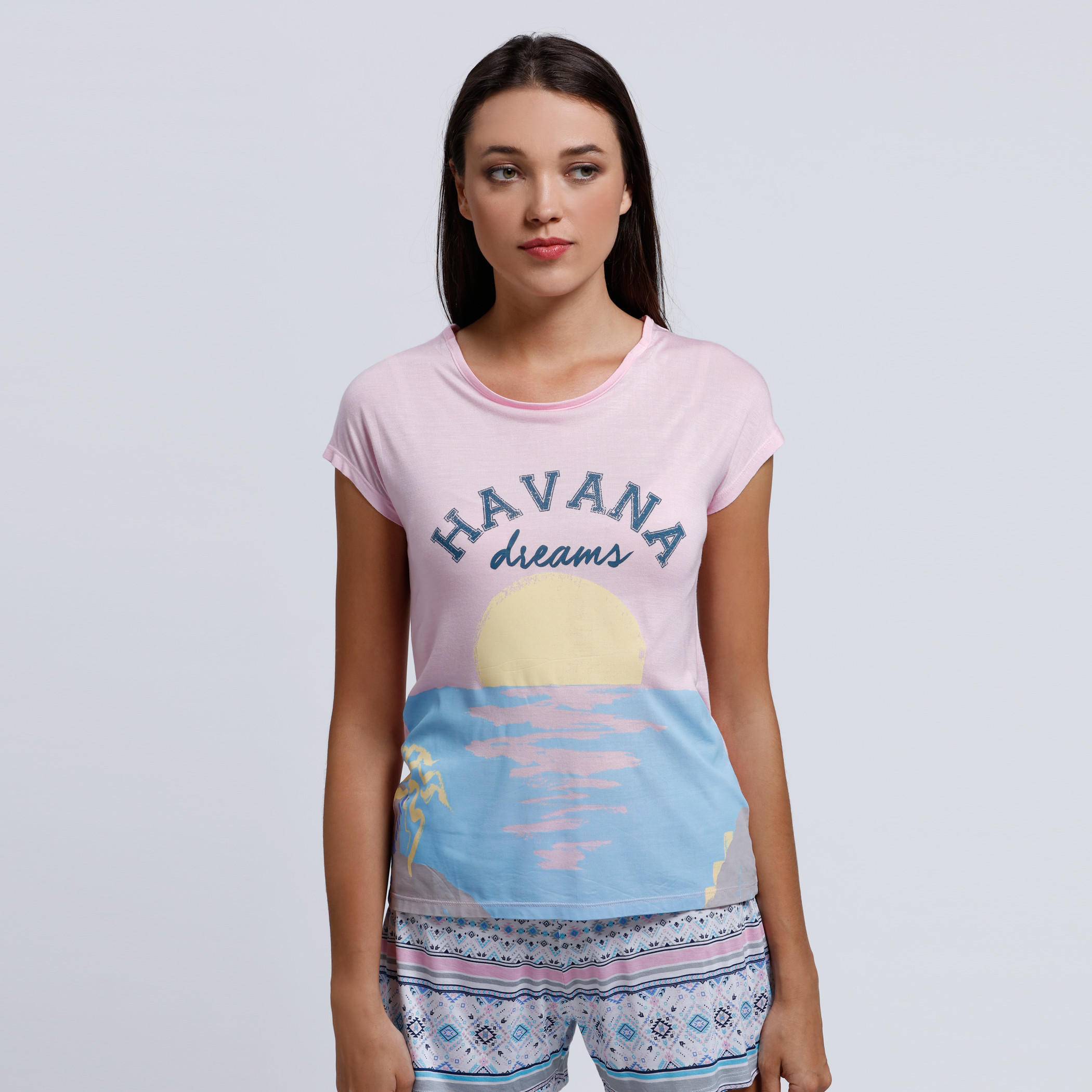 Printed Round Neck T-Shirt with Shorts Set-women-clothing-nightwear-pyjamas-longsets-image-2