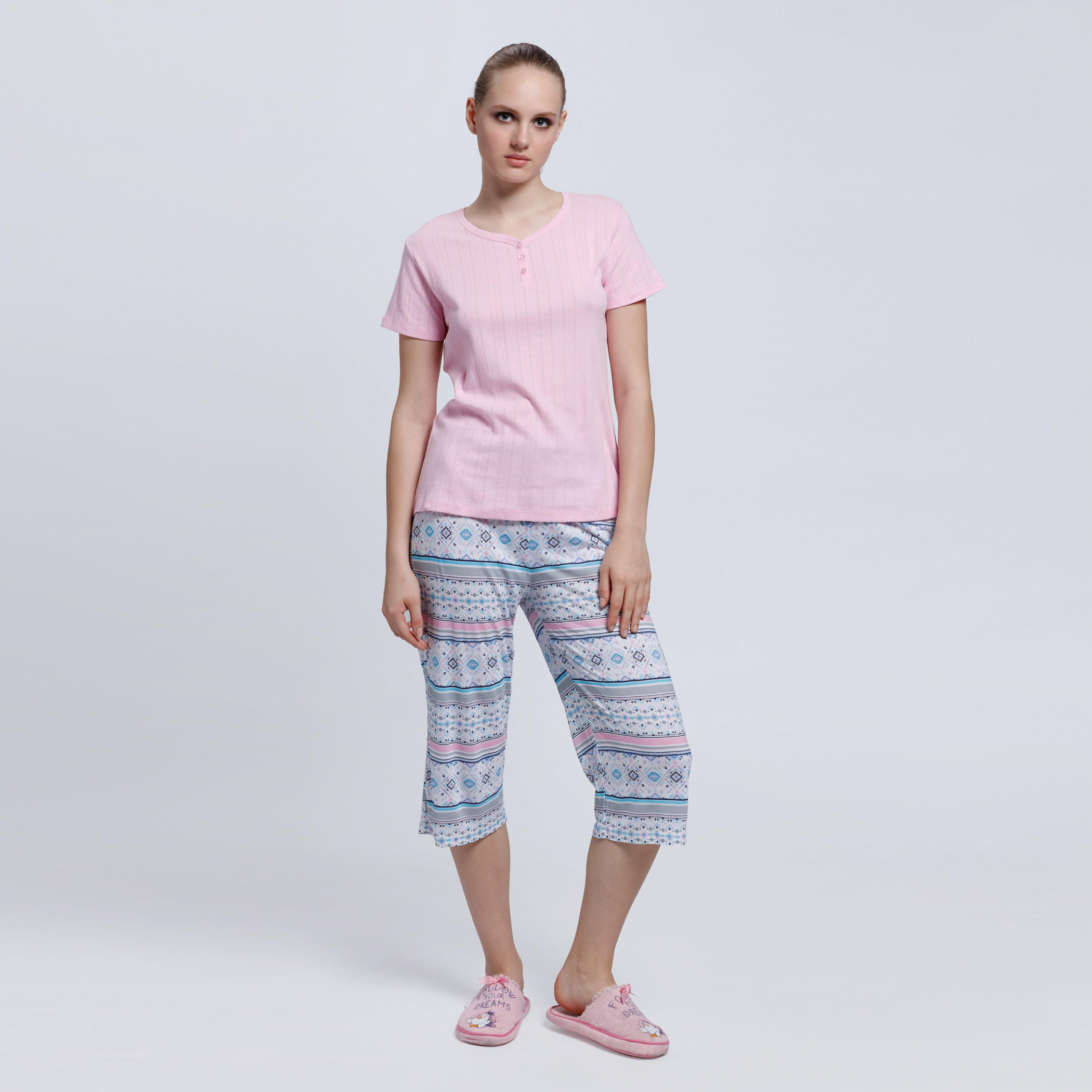 Short Sleeves T-Shirt with 3/4 Length Pants Set-women-clothing-nightwear-pyjamas-longsets-image-1
