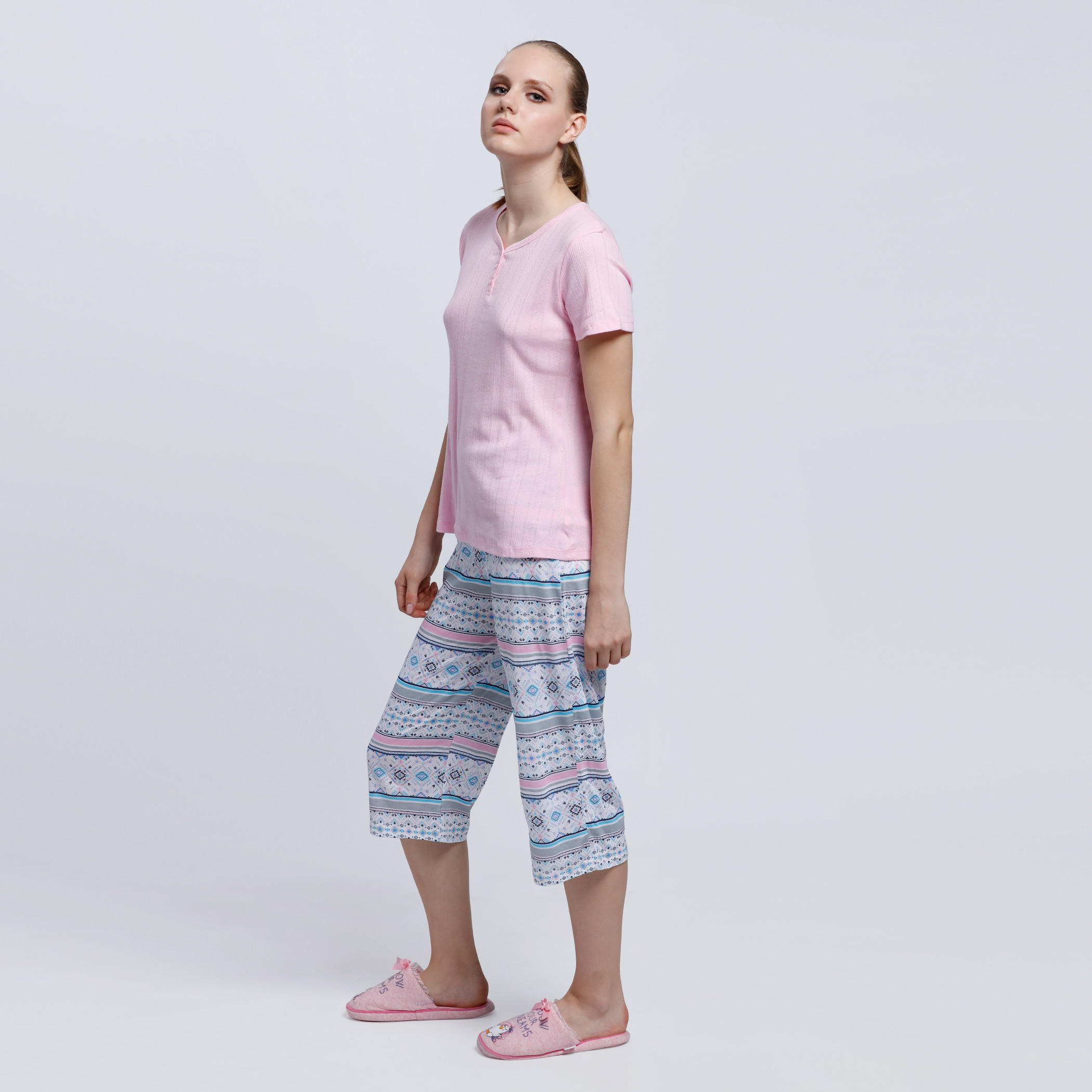 Short Sleeves T-Shirt with 3/4 Length Pants Set-women-clothing-nightwear-pyjamas-longsets-image-3