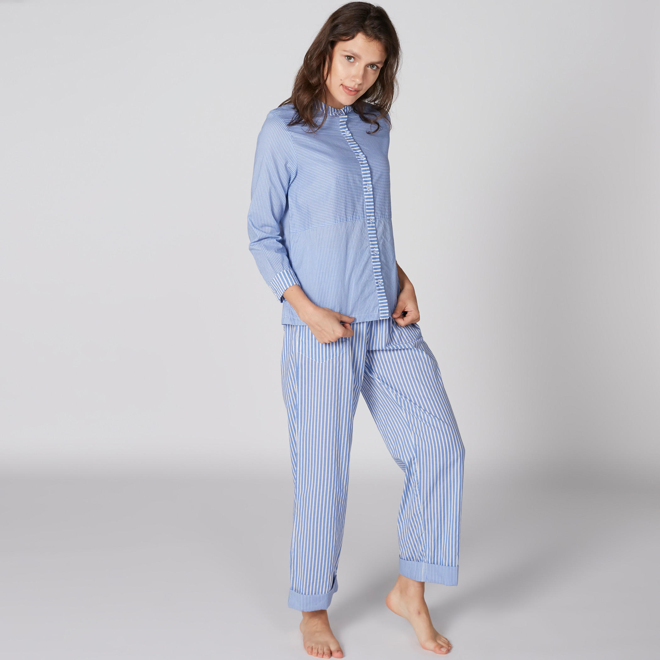 طقم بنطال بيجاما وقميص مقلّم بياقة ماندارين-women-clothing-nightwear-pyjamas-longsets-image-1