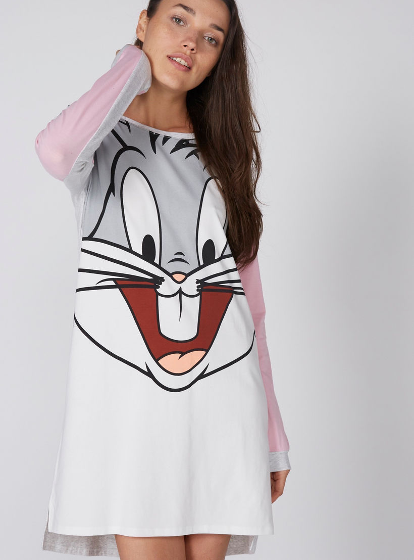 Bugs Bunny Printed Sleep Dress with Round Neck and Long Sleeves-women-clothing-nightwear-nighties-image-2