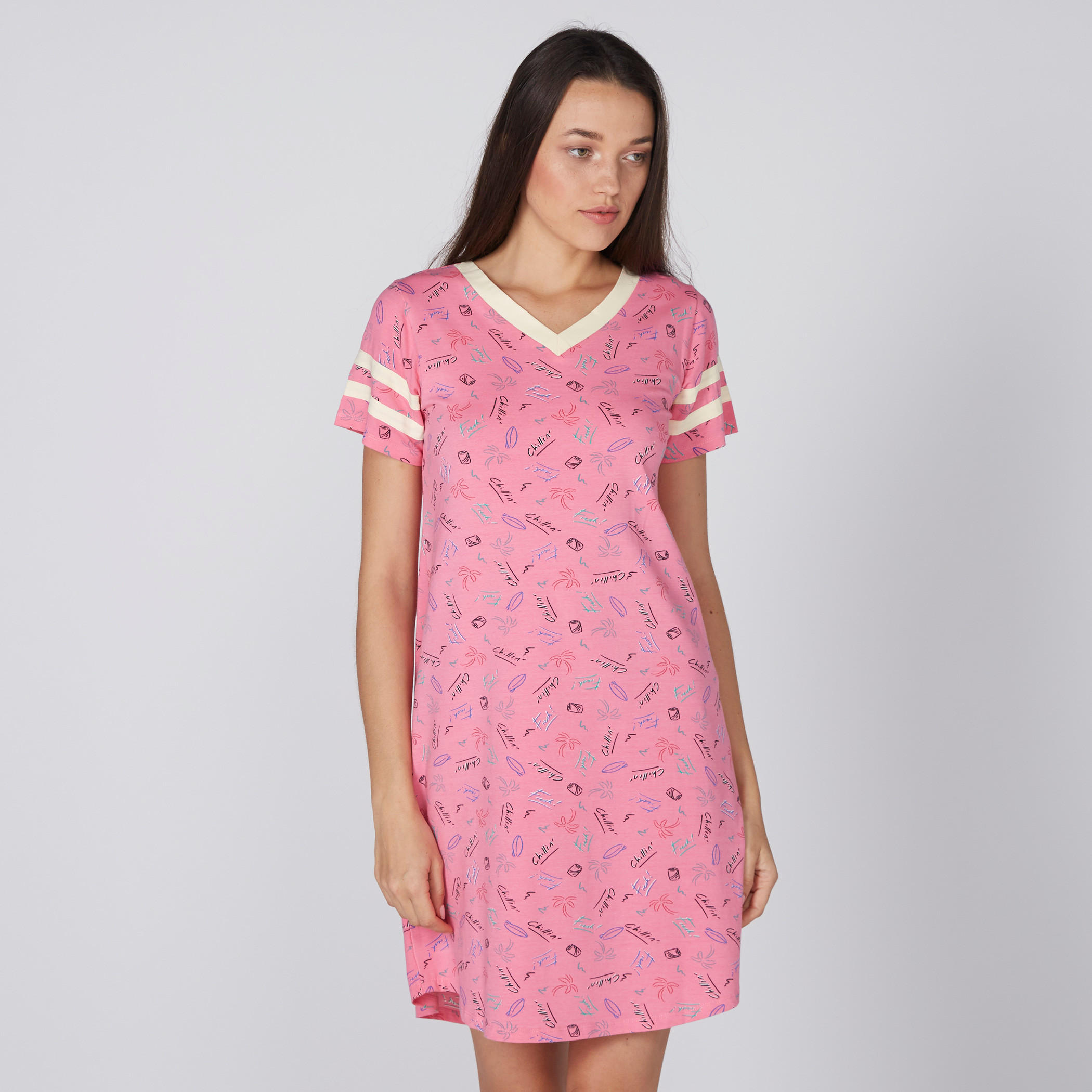 Printed Sleep Dress with V-Neck and Short Sleeves - Set of 2-women-clothing-nightwear-pyjamas-longsets-image-2