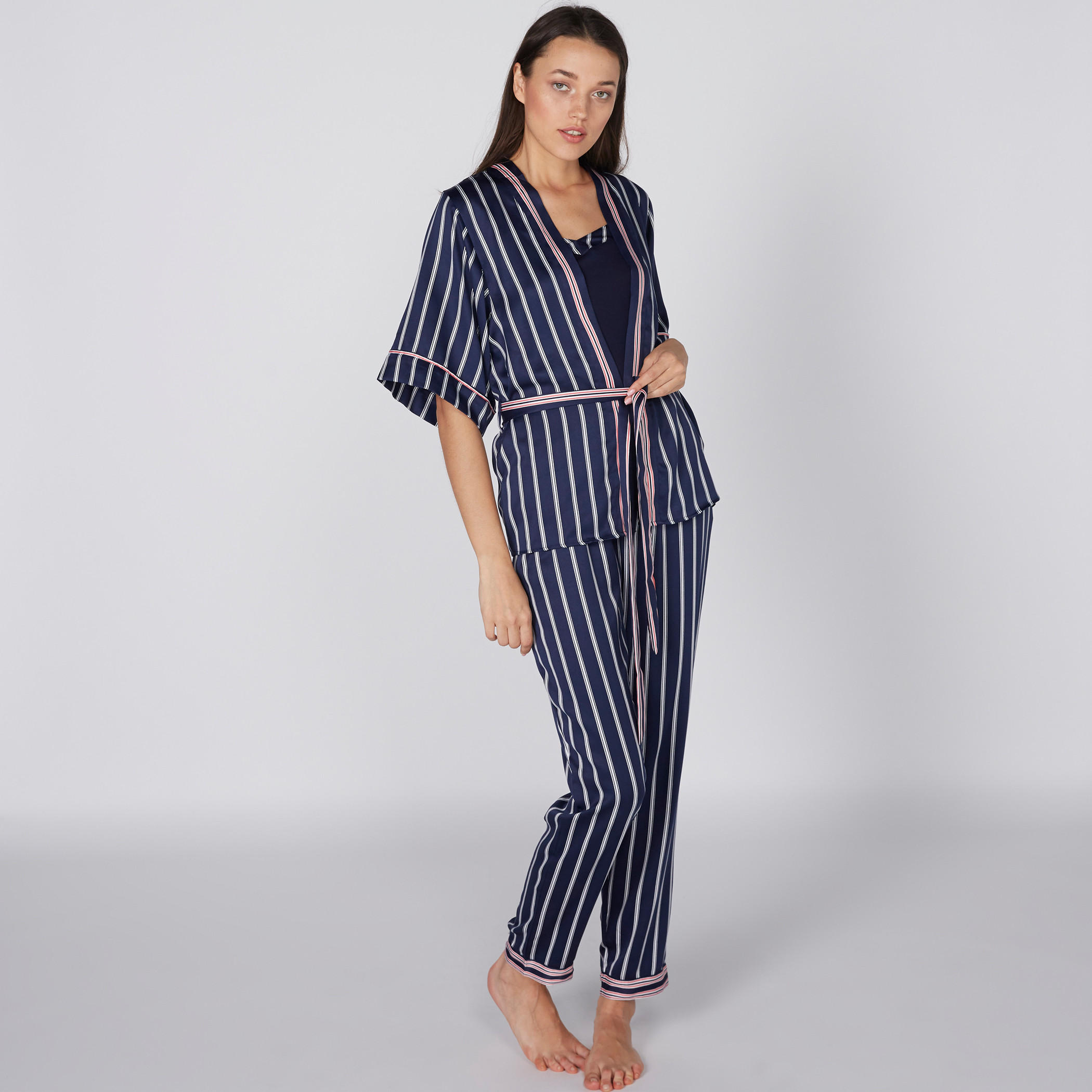 Striped Open Front Robe with Pyjama Set-women-clothing-nightwear-pyjamas-longsets-image-1