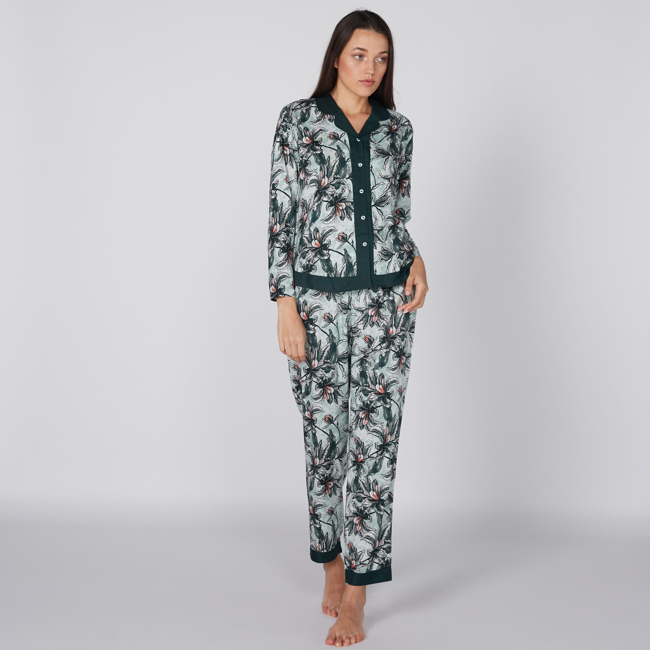 طقم بنطال بيجاما وقميص بطبعات الأزهار-women-clothing-nightwear-pyjamas-longsets-image-1