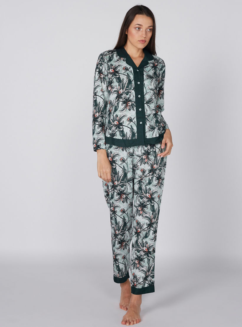 طقم بنطال بيجاما وقميص بطبعات الأزهار-women-clothing-nightwear-pyjamas-longsets-image-1