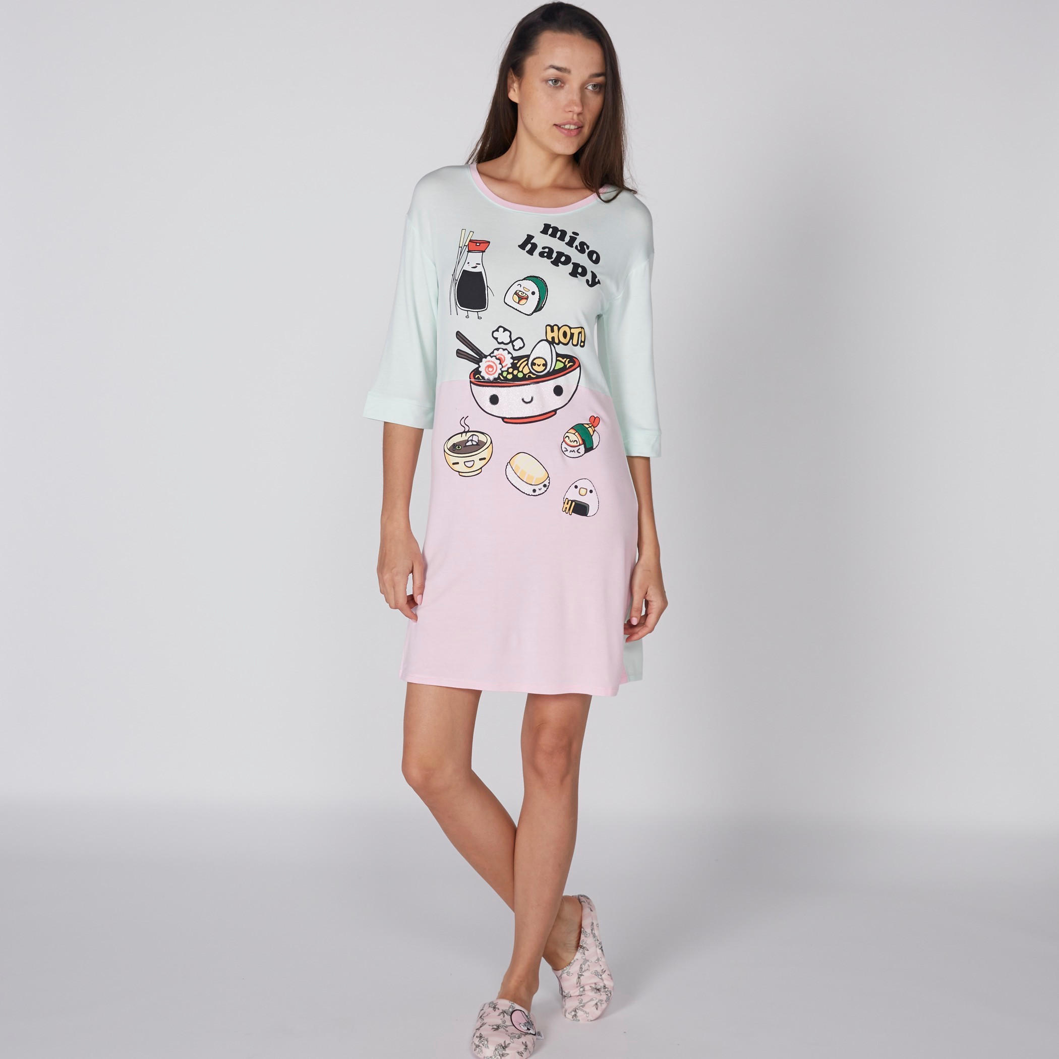 قميص نوم بياقة مستديرة وأكمام 3/4 وطبعات-women-clothing-nightwear-nighties-image-1