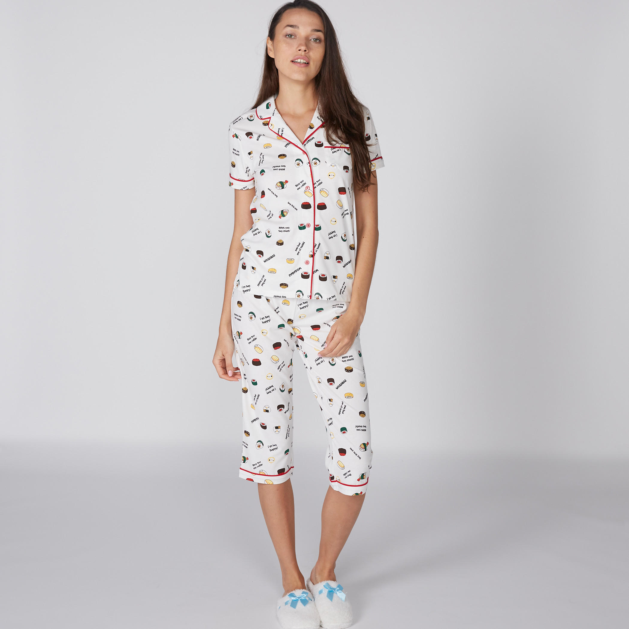 Printed Short Sleeve Shirt with Notched Collar and Capri Set-women-clothing-nightwear-pyjamas-longsets-image-2