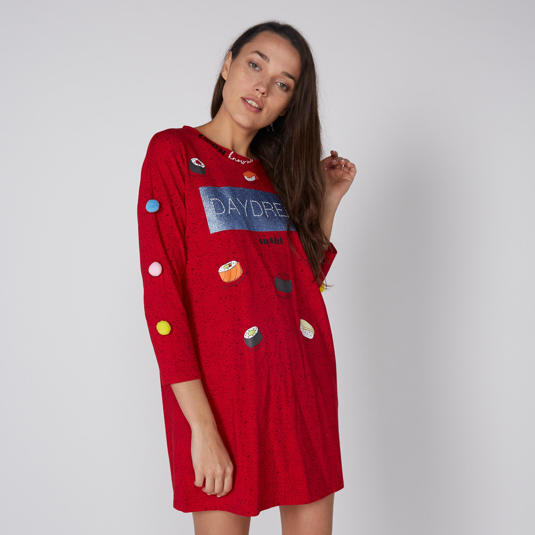 فستان قصير بطبعات وياقة مستديرة وأكمام 3/4-women-clothing-dresses-image-1