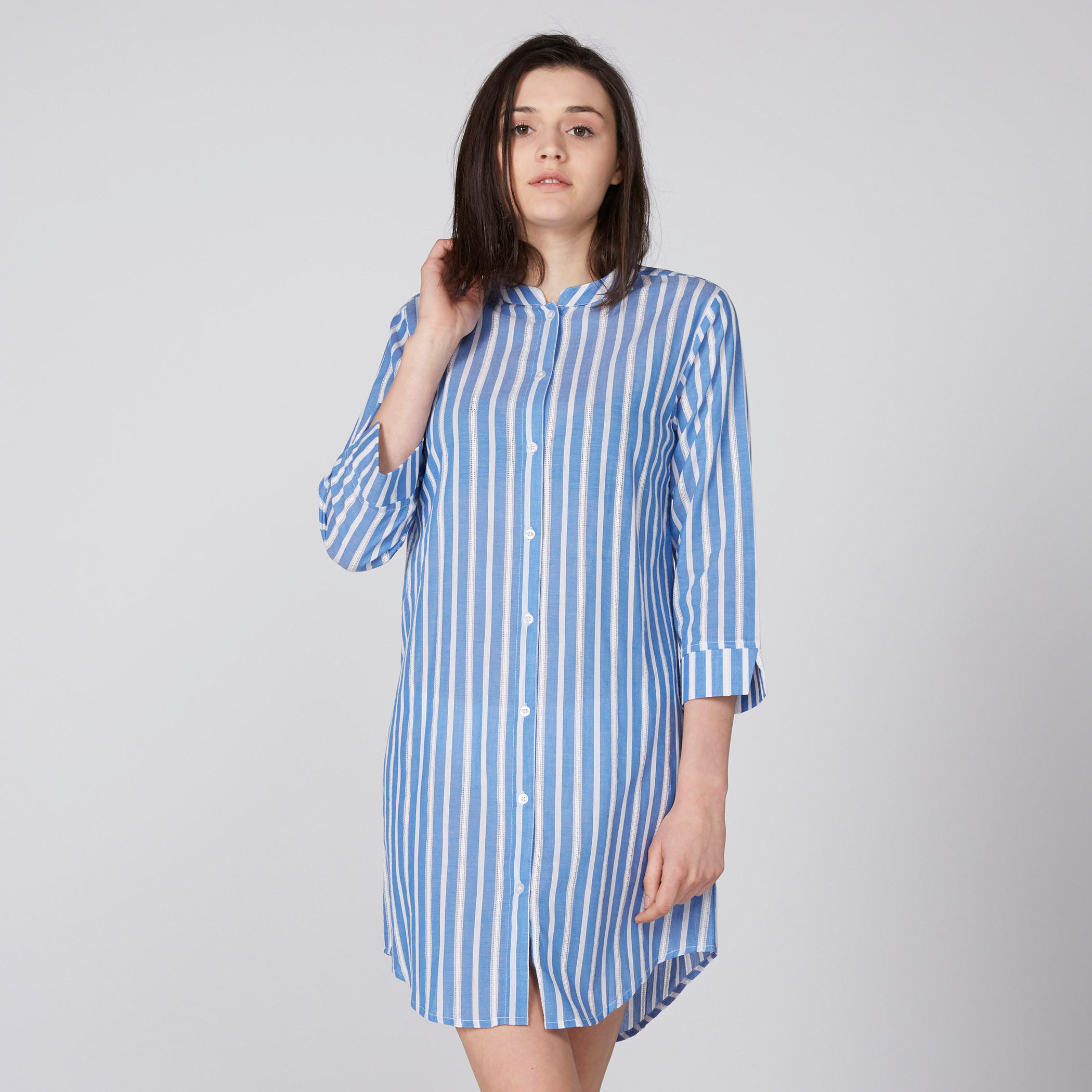 قميص نوم مقلّم بأكمام 3/4 وياقة ماندارين-women-clothing-nightwear-pyjamas-tops-image-1