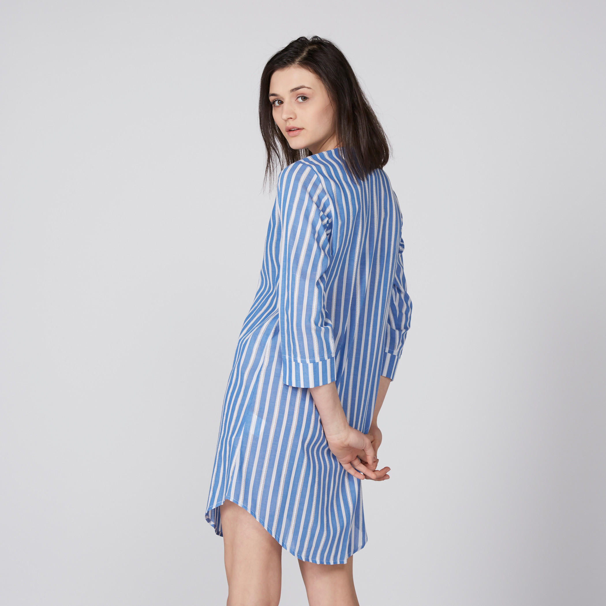 قميص نوم مقلّم بأكمام 3/4 وياقة ماندارين-women-clothing-nightwear-pyjamas-tops-image-3