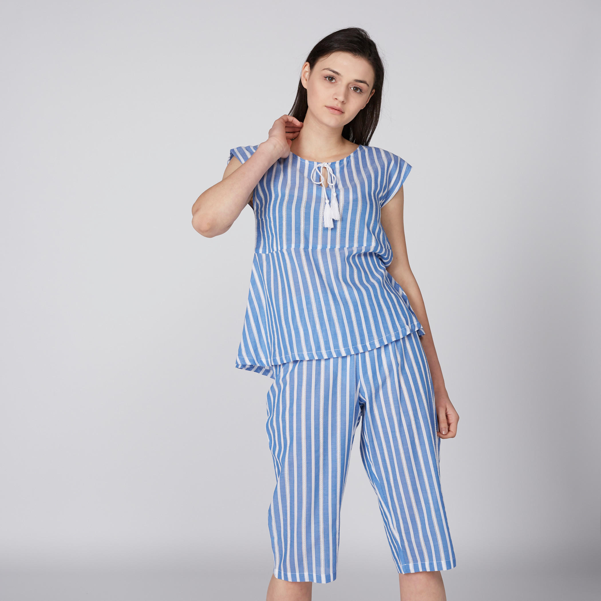 Striped Cap Sleeves Top and 3/4 Pyjama Set-women-clothing-nightwear-pyjamas-longsets-image-1