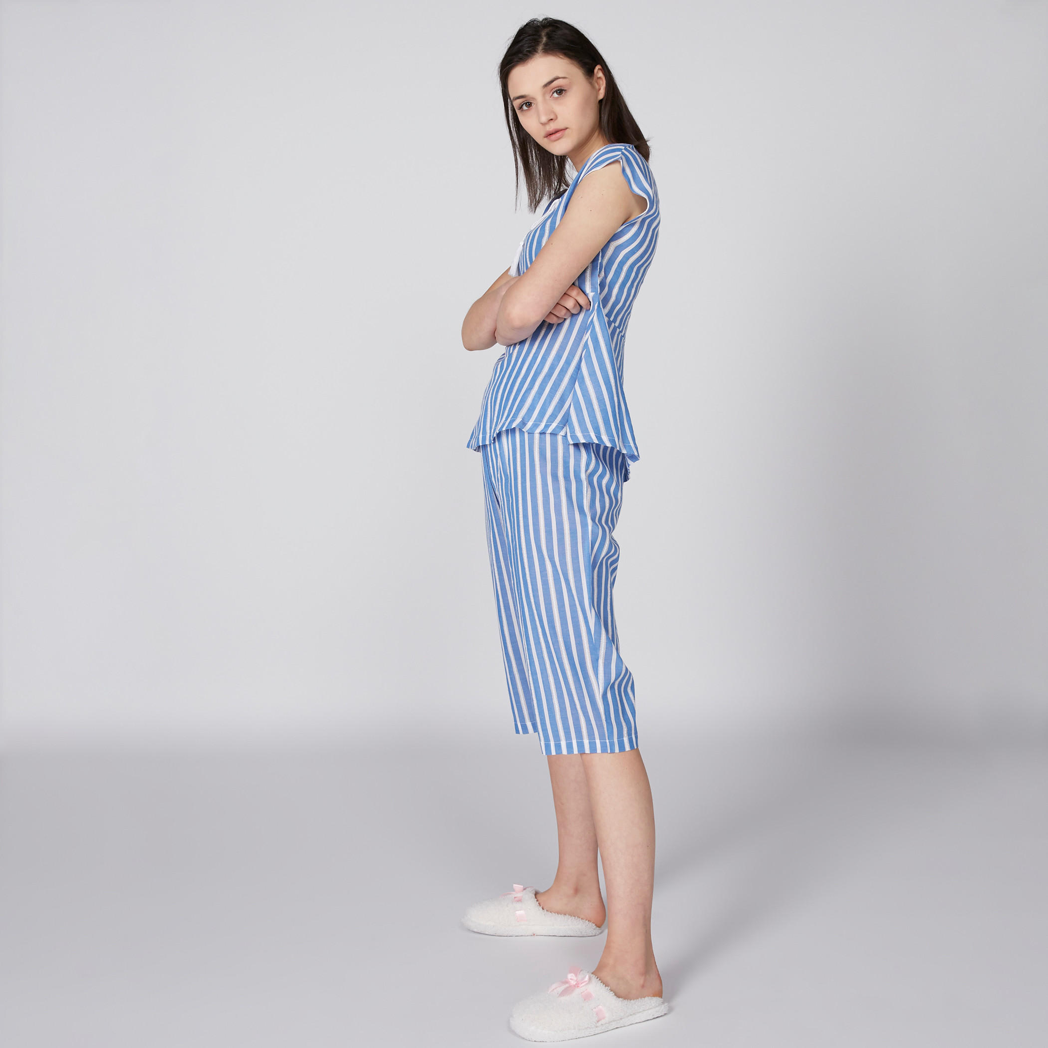 Striped Cap Sleeves Top and 3/4 Pyjama Set-women-clothing-nightwear-pyjamas-longsets-image-2