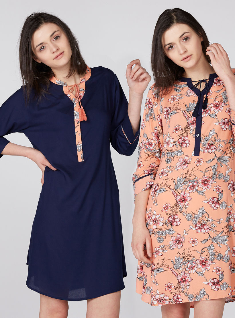 Printed Sleep Dress with 3/4 Sleeves - Set of 2-women-clothing-nightwear-pyjamas-tops-image-1
