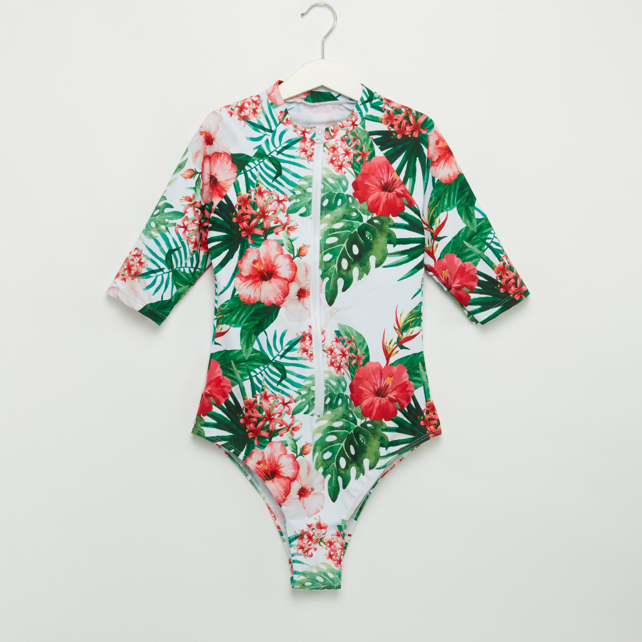 بدلة سباحة بأكمام 3/4 وسحّاب إغلاق مع طبعات-women-clothing-swimandbeach-swimsuits-image-1