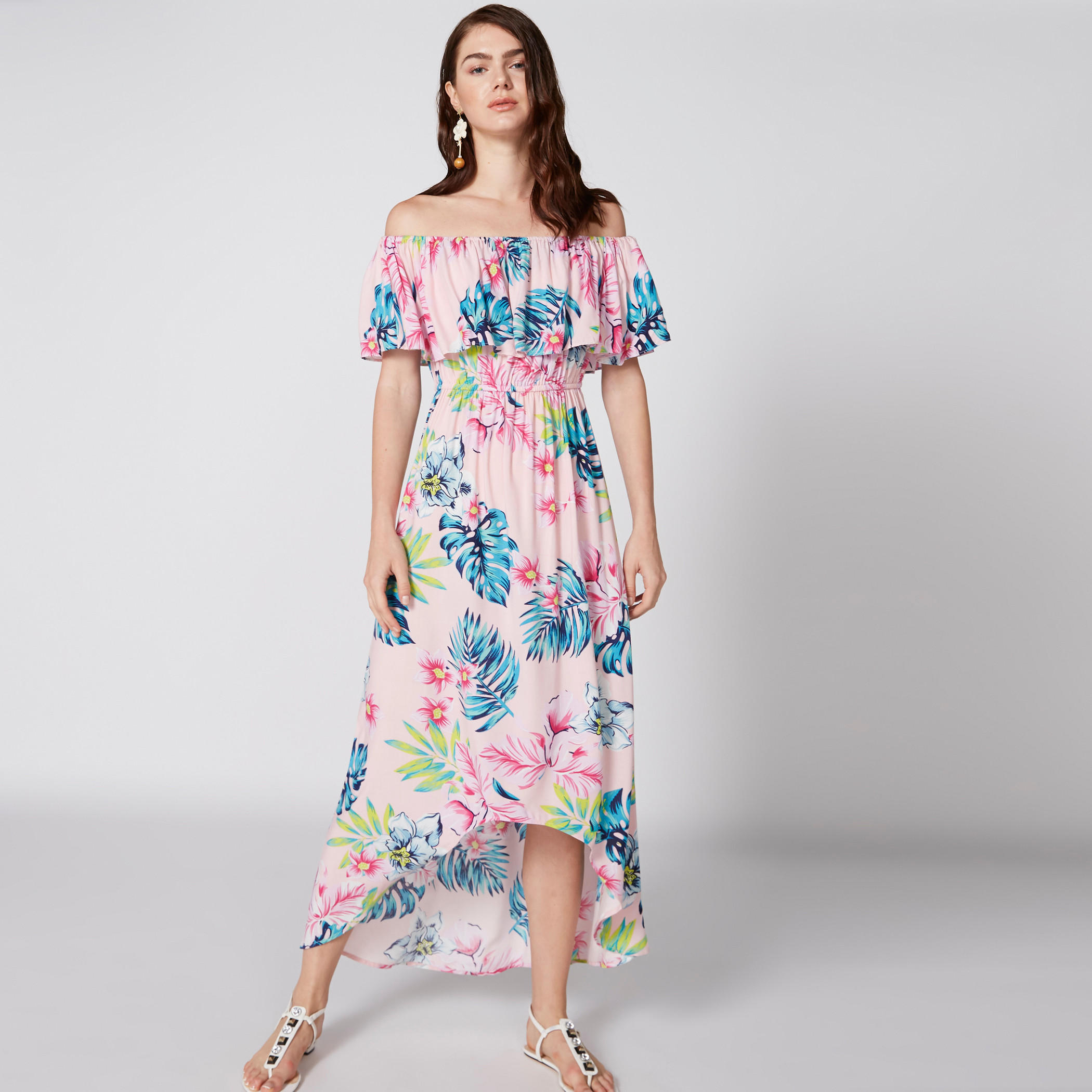 فستان بطبعات زهرية وأكمام مكشوفة وتفاصيل غير مستوية-women-clothing-dresses-image-1