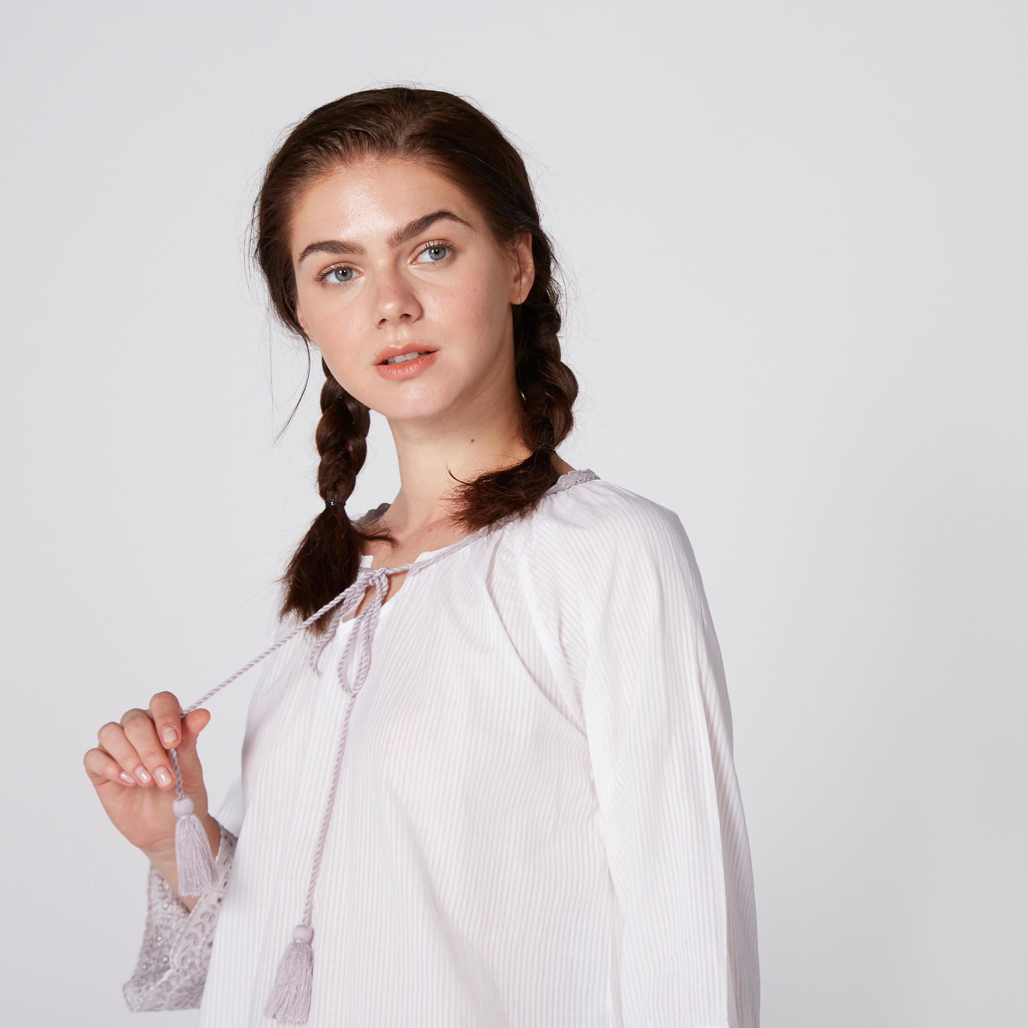 Striped Long Sleeves Round Neck Sleep Dress with Tassels-women-clothing-nightwear-nighties-image-1