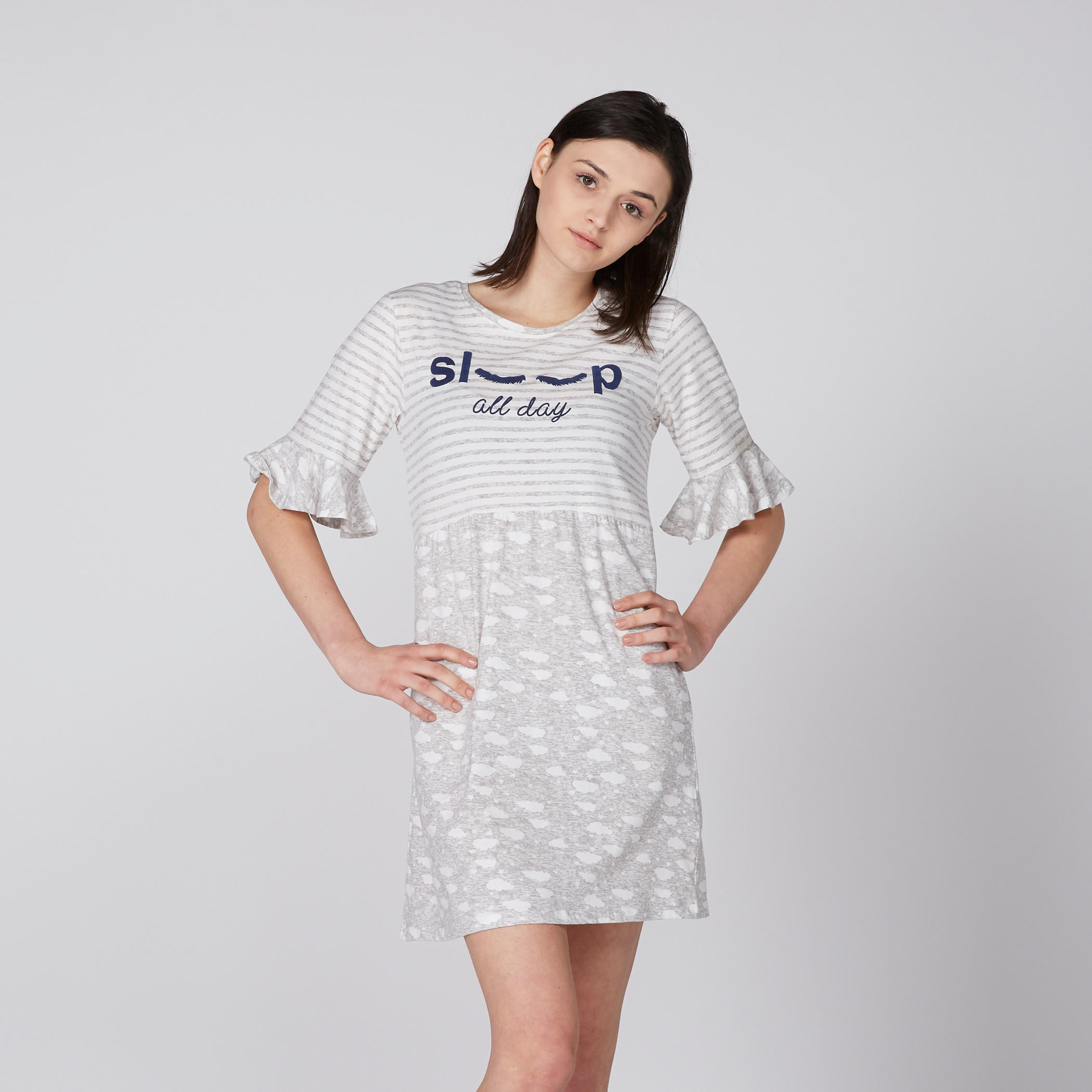 قميص نوم بياقة مستديرة وأكمام كشكش وطبعات-women-clothing-nightwear-pyjamas-tops-image-1