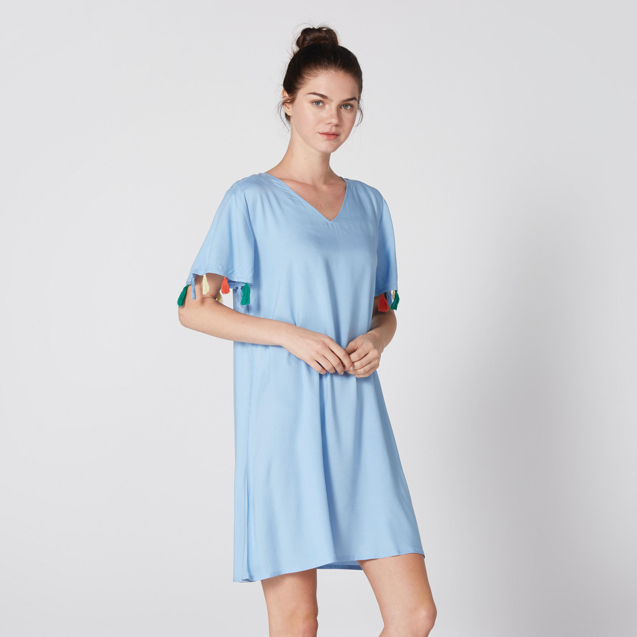 Tassel Detail Sleep Dress with V-Neck and Short Sleeves - Set of 2-women-clothing-nightwear-pyjamas-longsets-image-2