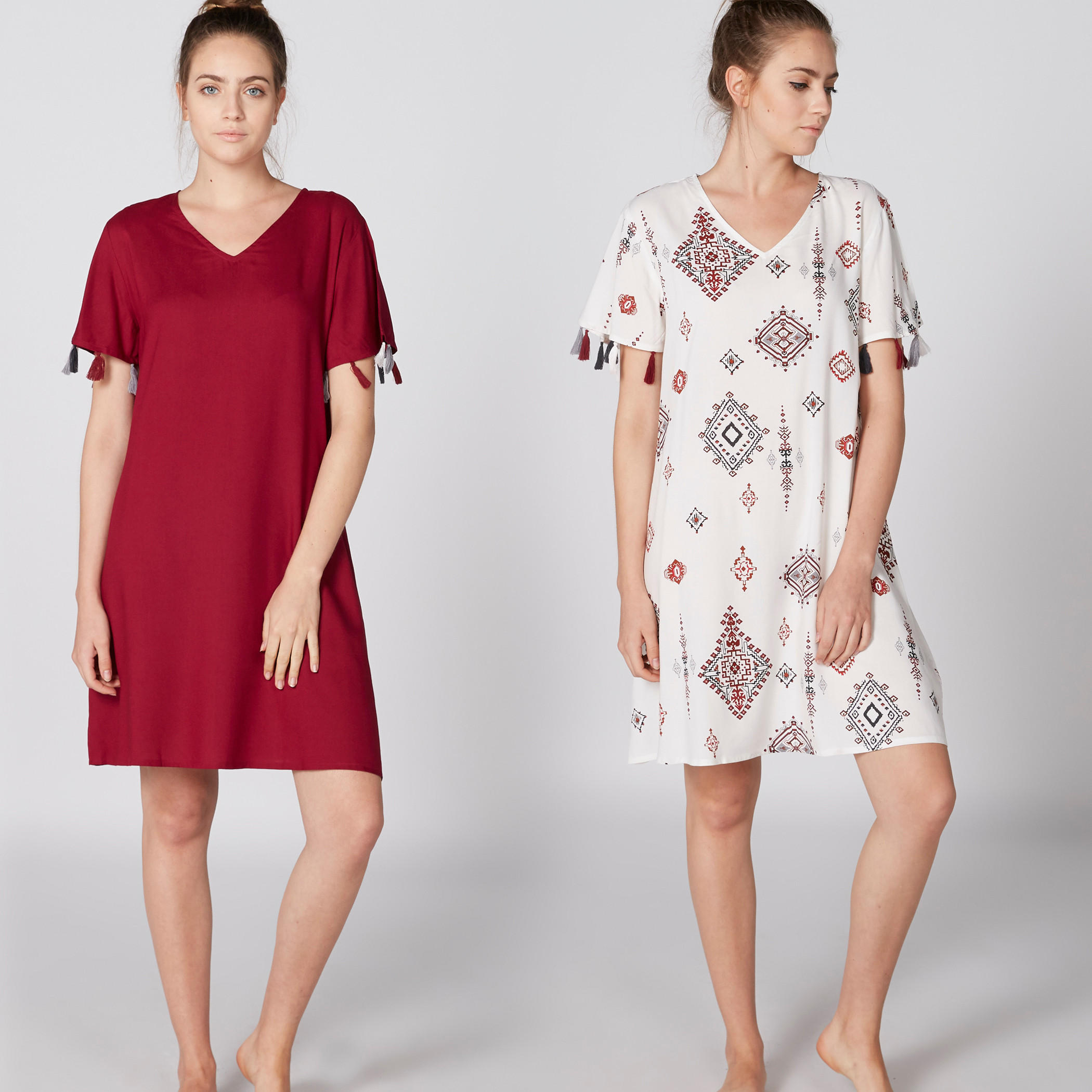 Assorted Sleep Dress with V-Neck and Tassels - Set of 2-women-clothing-nightwear-nighties-image-1
