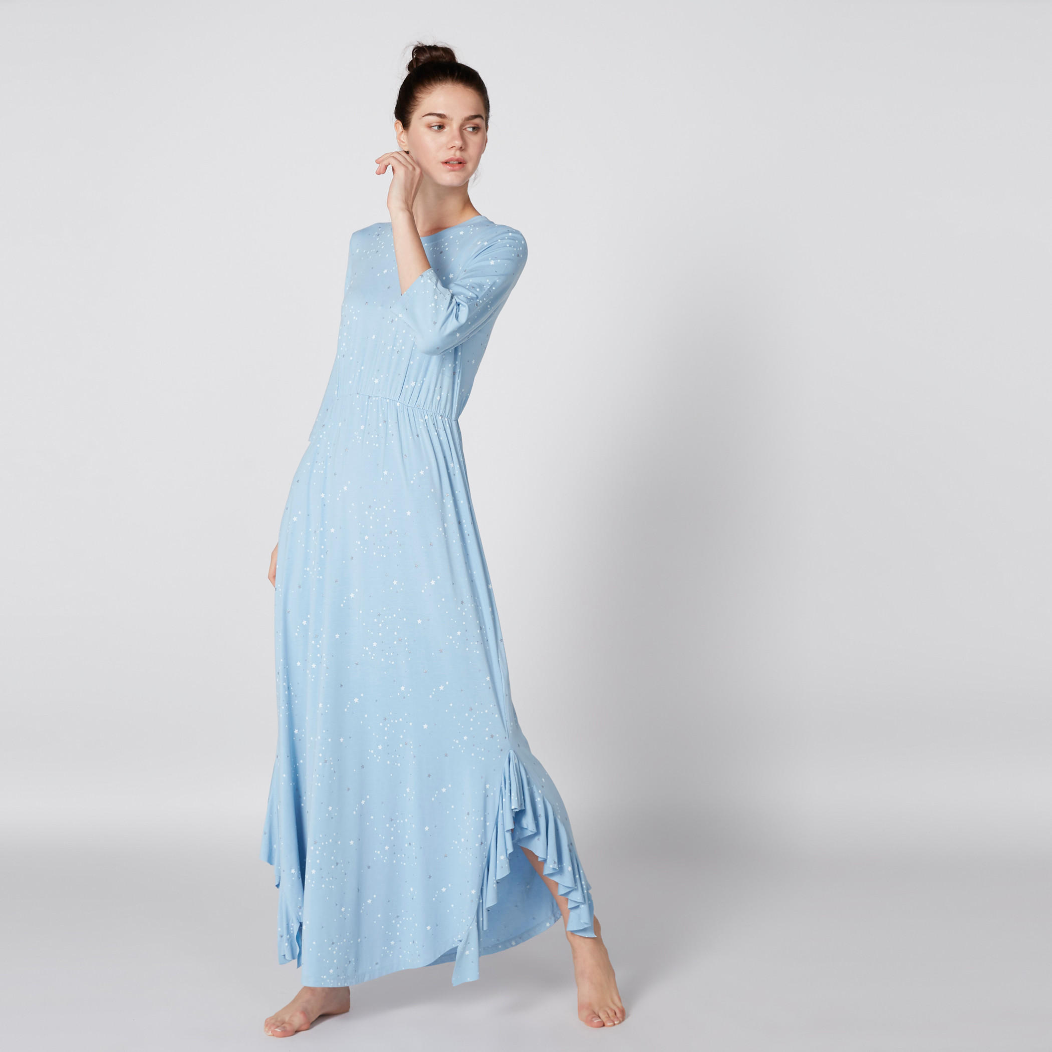 قميص نوم طويل بياقة مستديرة وأكمام 3/4 وطبعات-women-clothing-nightwear-nighties-image-3