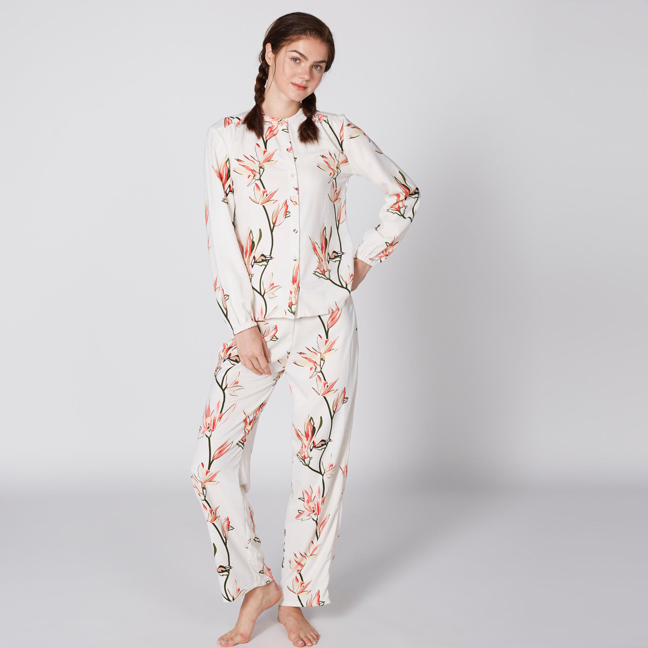 طقم بنطال بيجاما وقميص بطبعات أزهار-women-clothing-nightwear-pyjamas-longsets-image-2