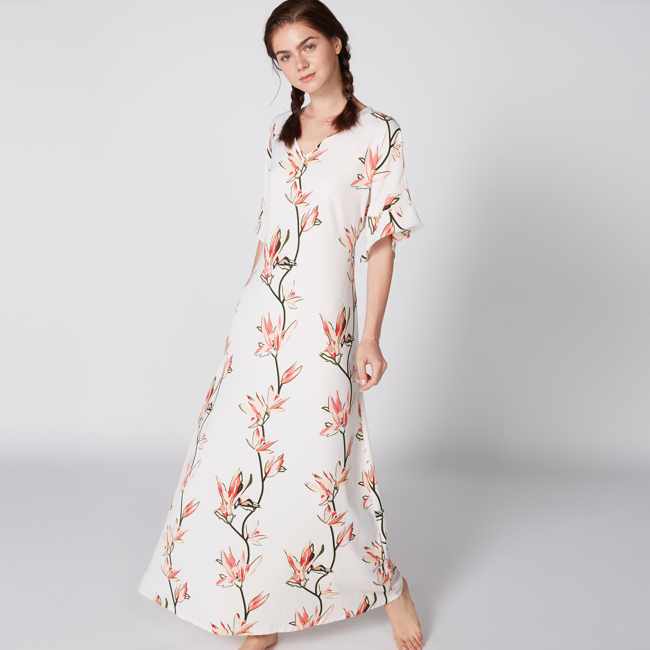 Floral Printed Maxi Sleep Dress with V-Neck and Tie Up Belt-women-clothing-nightwear-nighties-image-1